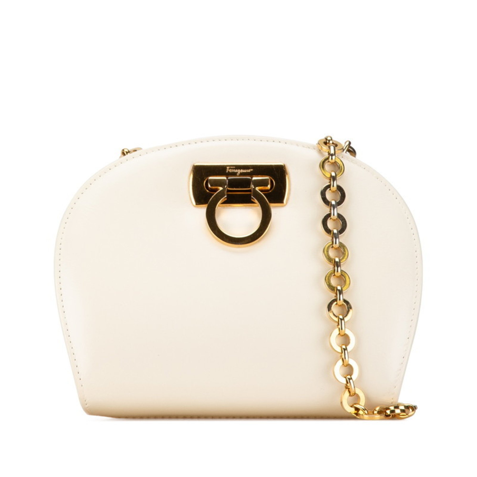 Salvatore Ferragamo Gancini Chain Shoulder Bag Ivory White Leather Women's