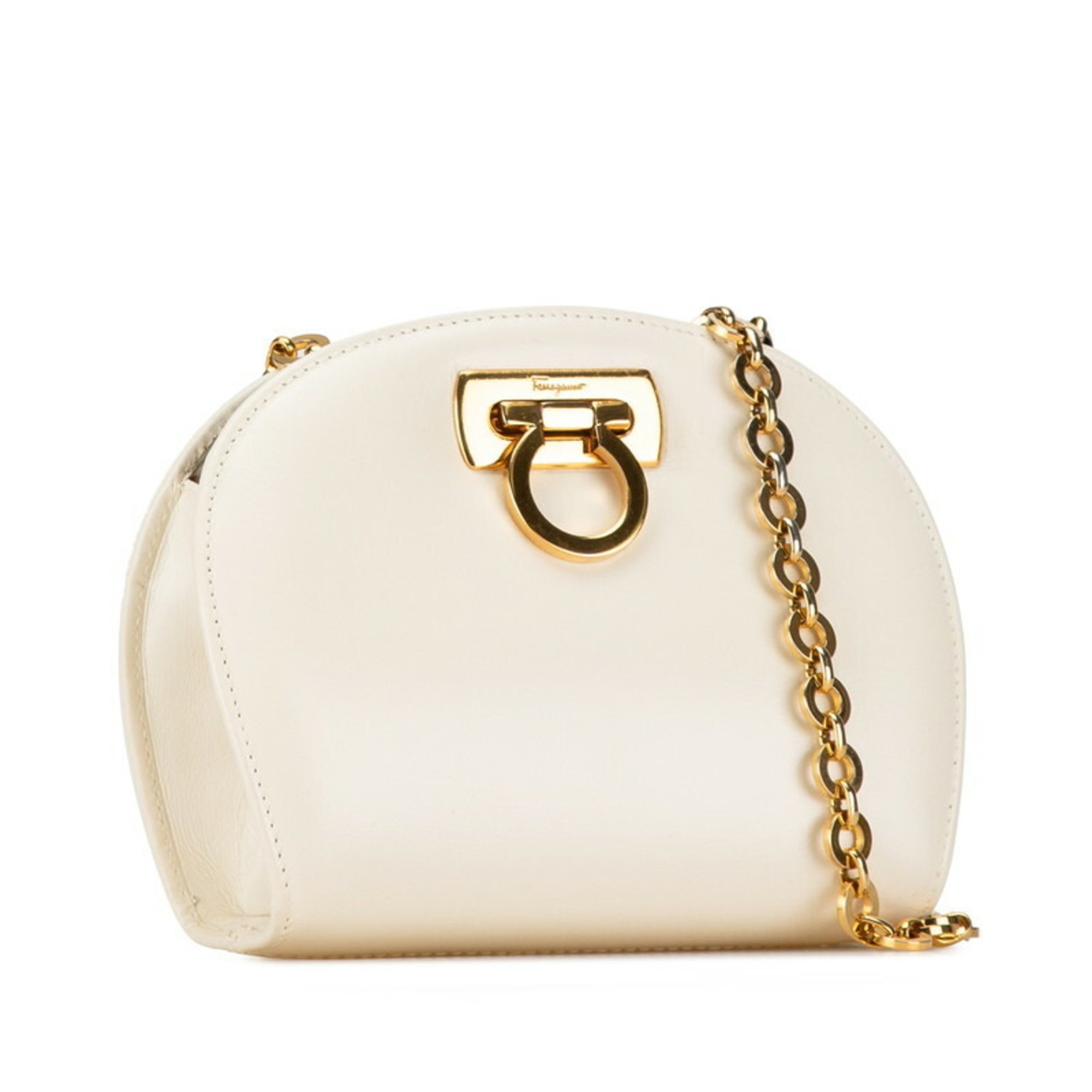 Salvatore Ferragamo Gancini Chain Shoulder Bag Ivory White Leather Women's