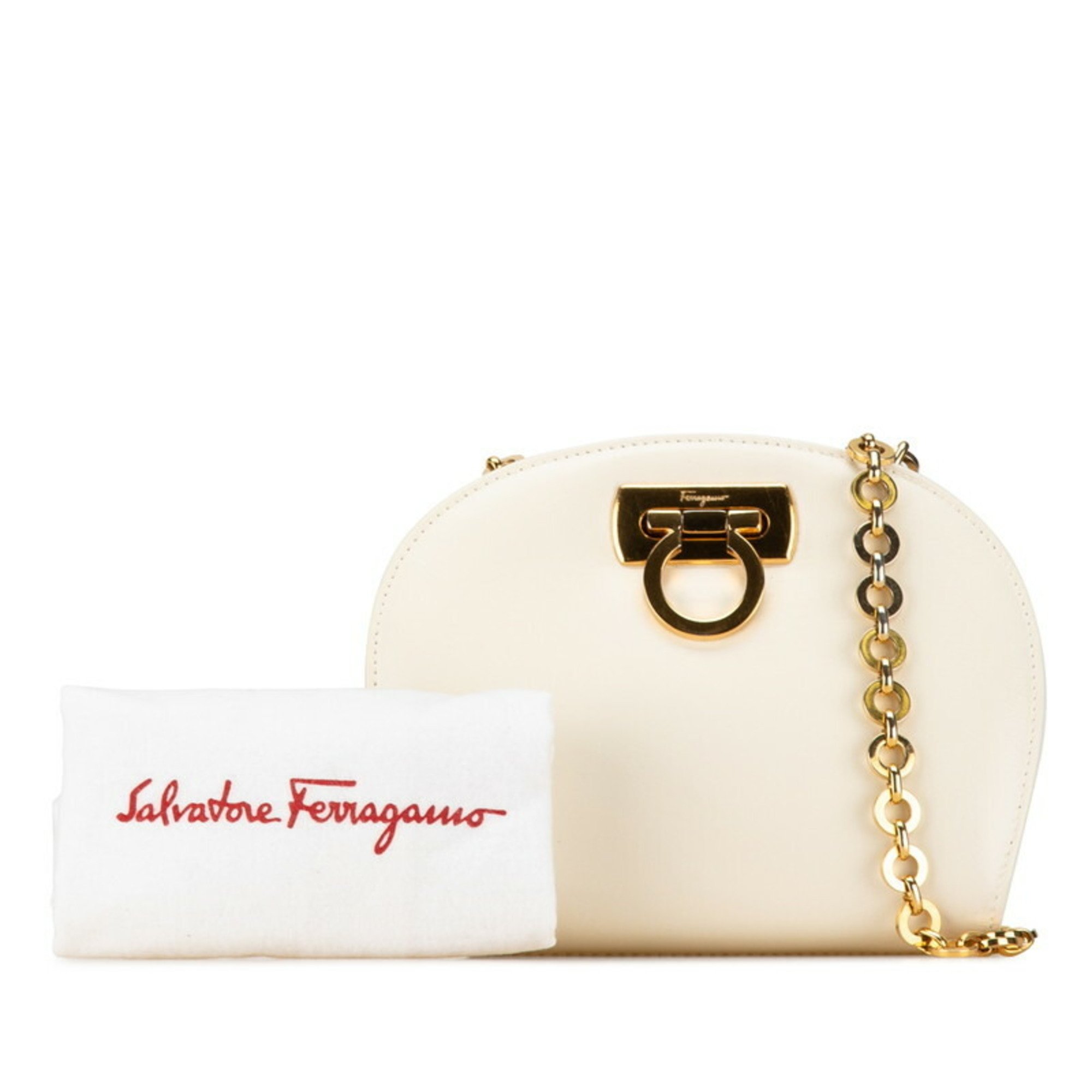 Salvatore Ferragamo Gancini Chain Shoulder Bag Ivory White Leather Women's