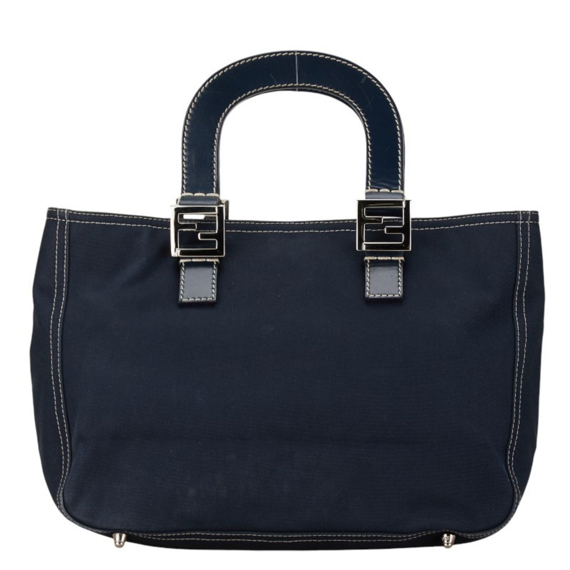 FENDI metal fittings handbag navy canvas leather women's