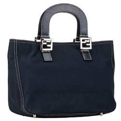 FENDI metal fittings handbag navy canvas leather women's