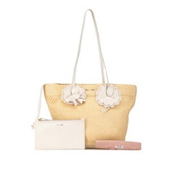 Miu Miu Miu Flower Motif Tote Bag Beige White Straw Leather Women's MIUMIU