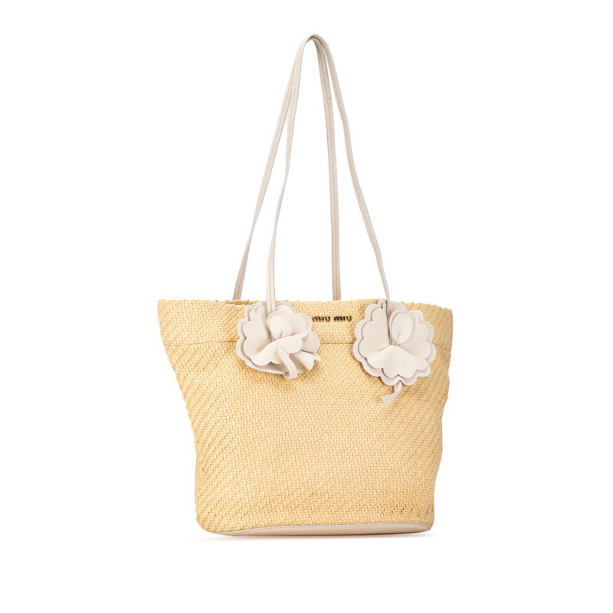 Miu Miu Miu Flower Motif Tote Bag Beige White Straw Leather Women's MIUMIU