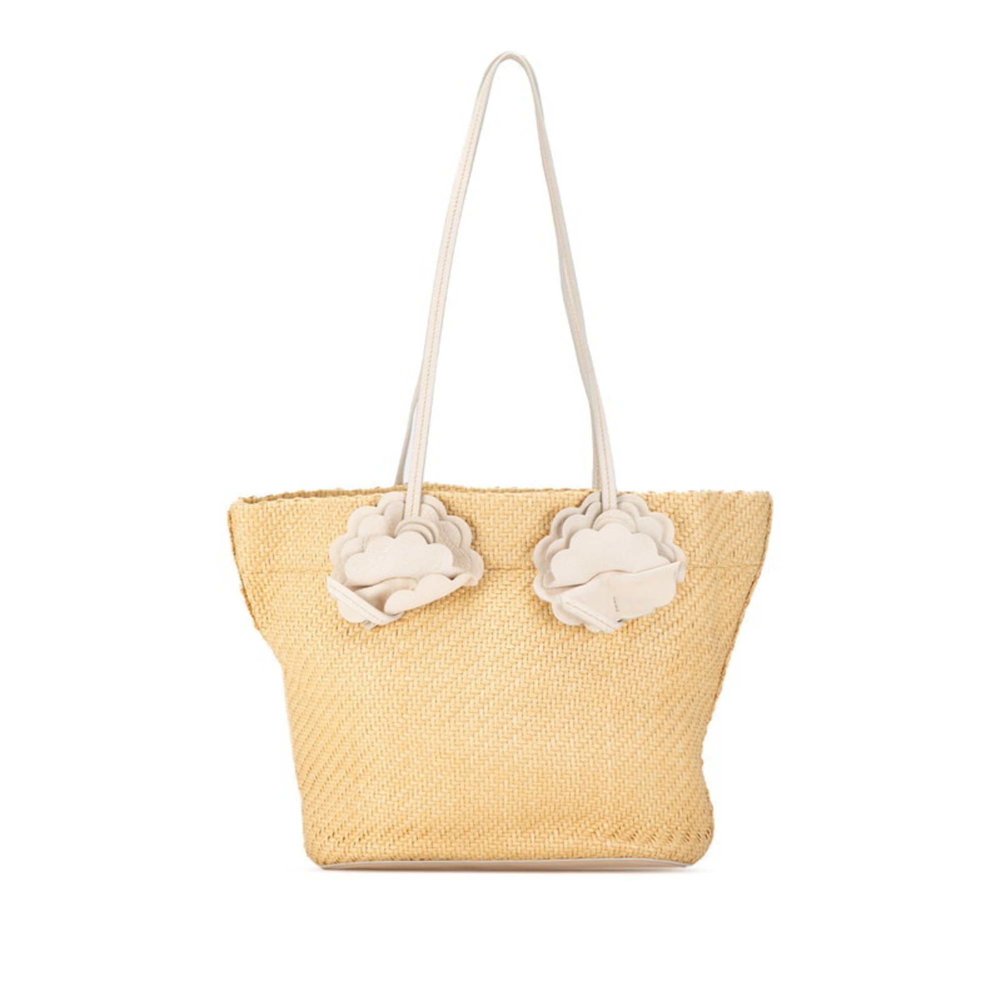 Miu Miu Miu Flower Motif Tote Bag Beige White Straw Leather Women's MIUMIU