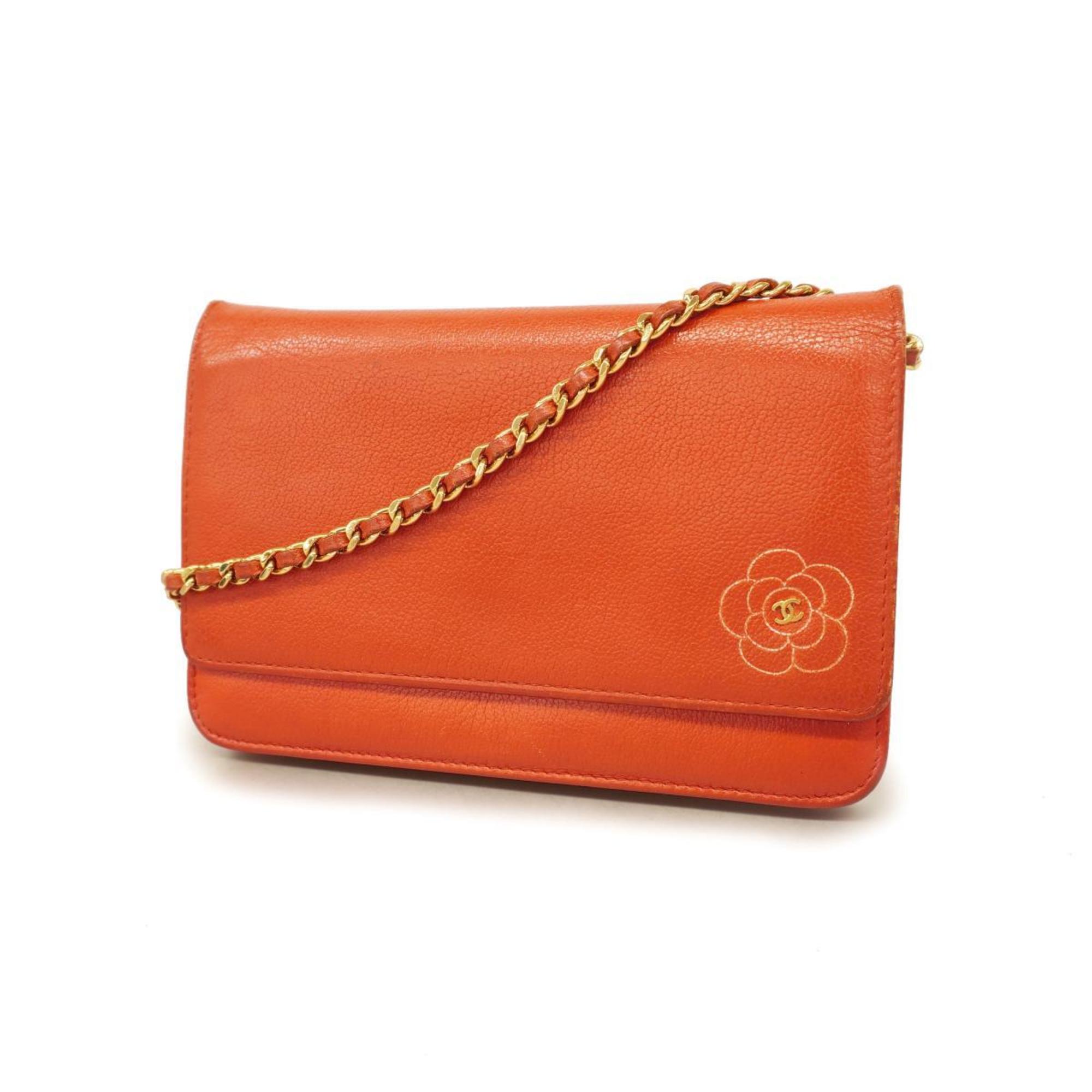 Chanel Shoulder Wallet Camellia Chain Leather Red Women's