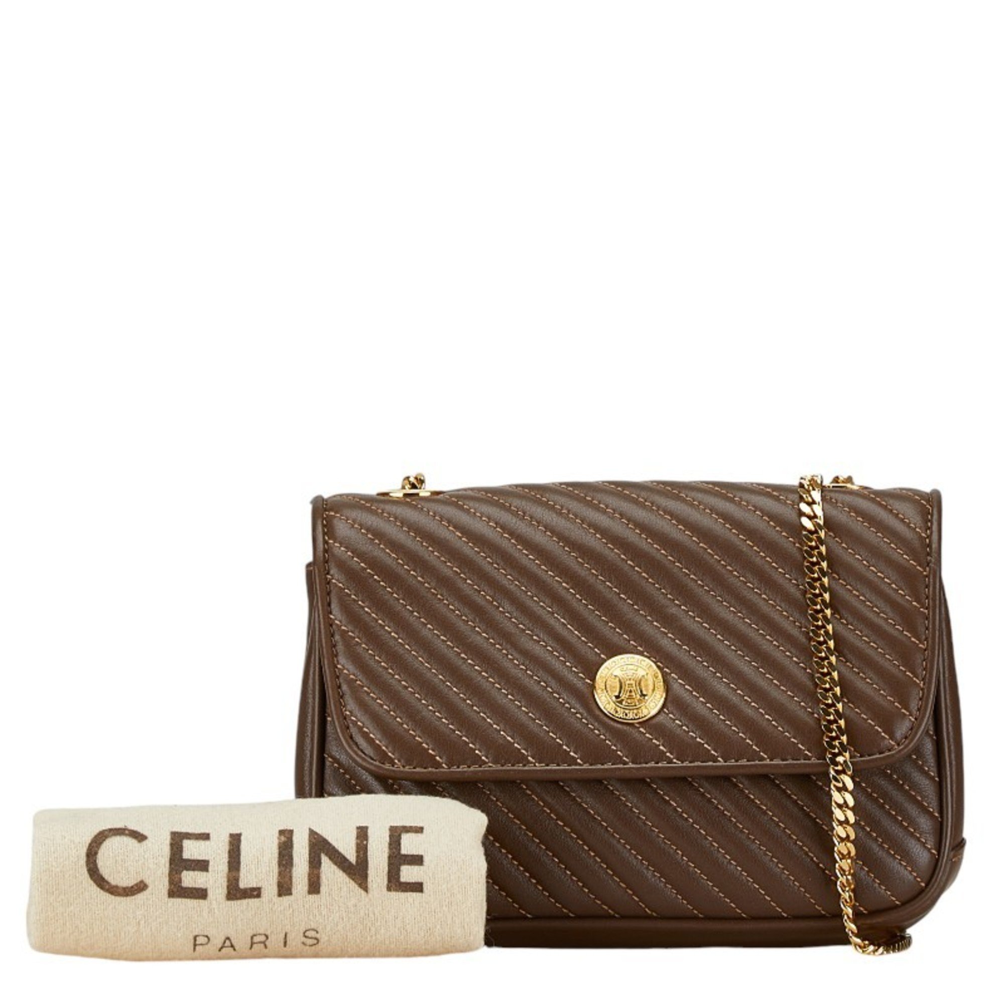 Celine quilted chain shoulder bag brown leather women's CELINE