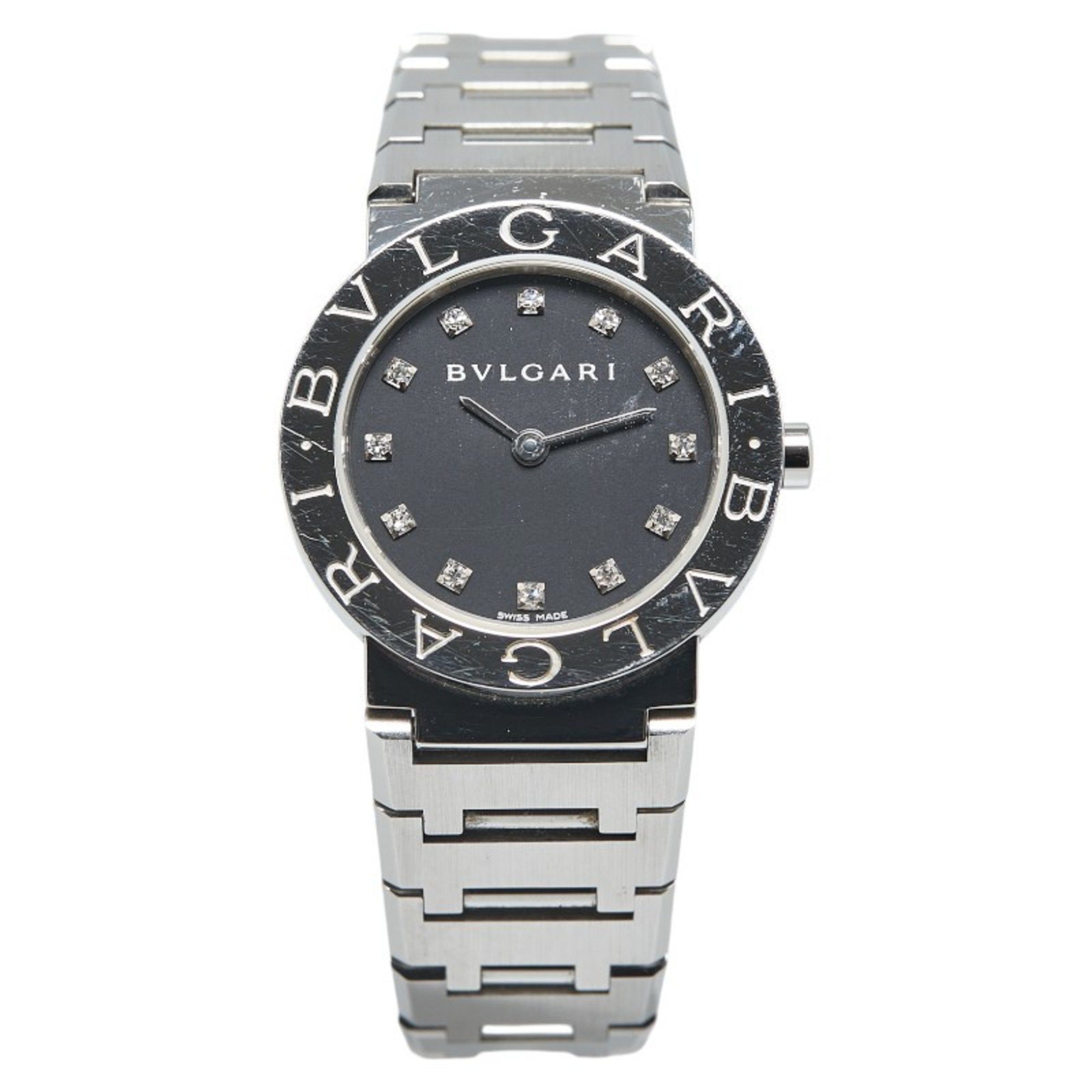 BVLGARI 12P Diamond Watch BB26SS Quartz Black Dial Stainless Steel Women's