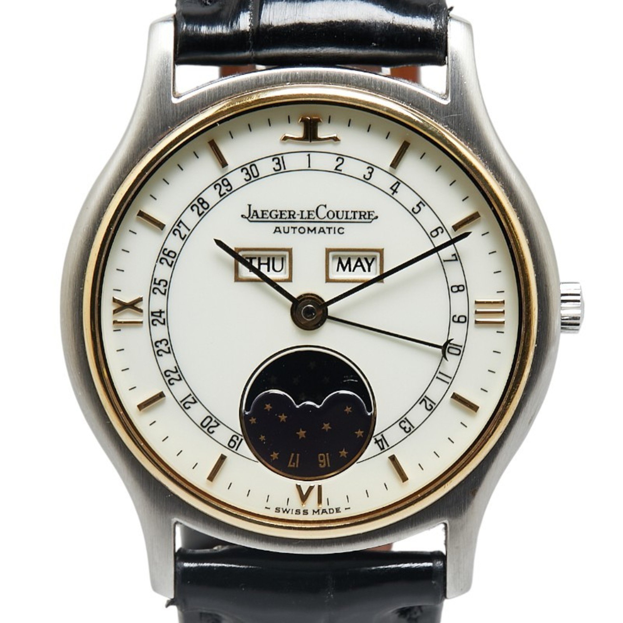 Jaeger-LeCoultre Triple Calendar Moon Phase Watch 145.119.5 Automatic White Dial Stainless Steel Leather Men's JAEGER-LECOULTRE