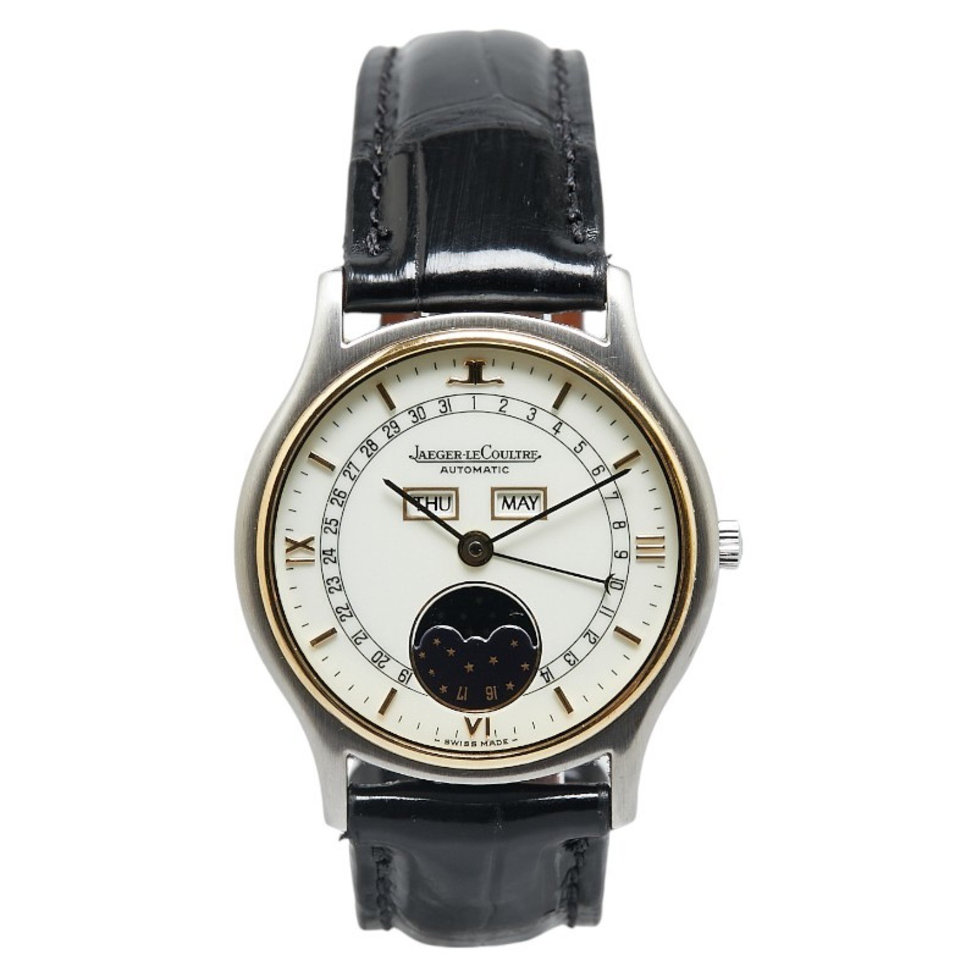 Jaeger-LeCoultre Triple Calendar Moon Phase Watch 145.119.5 Automatic White Dial Stainless Steel Leather Men's JAEGER-LECOULTRE