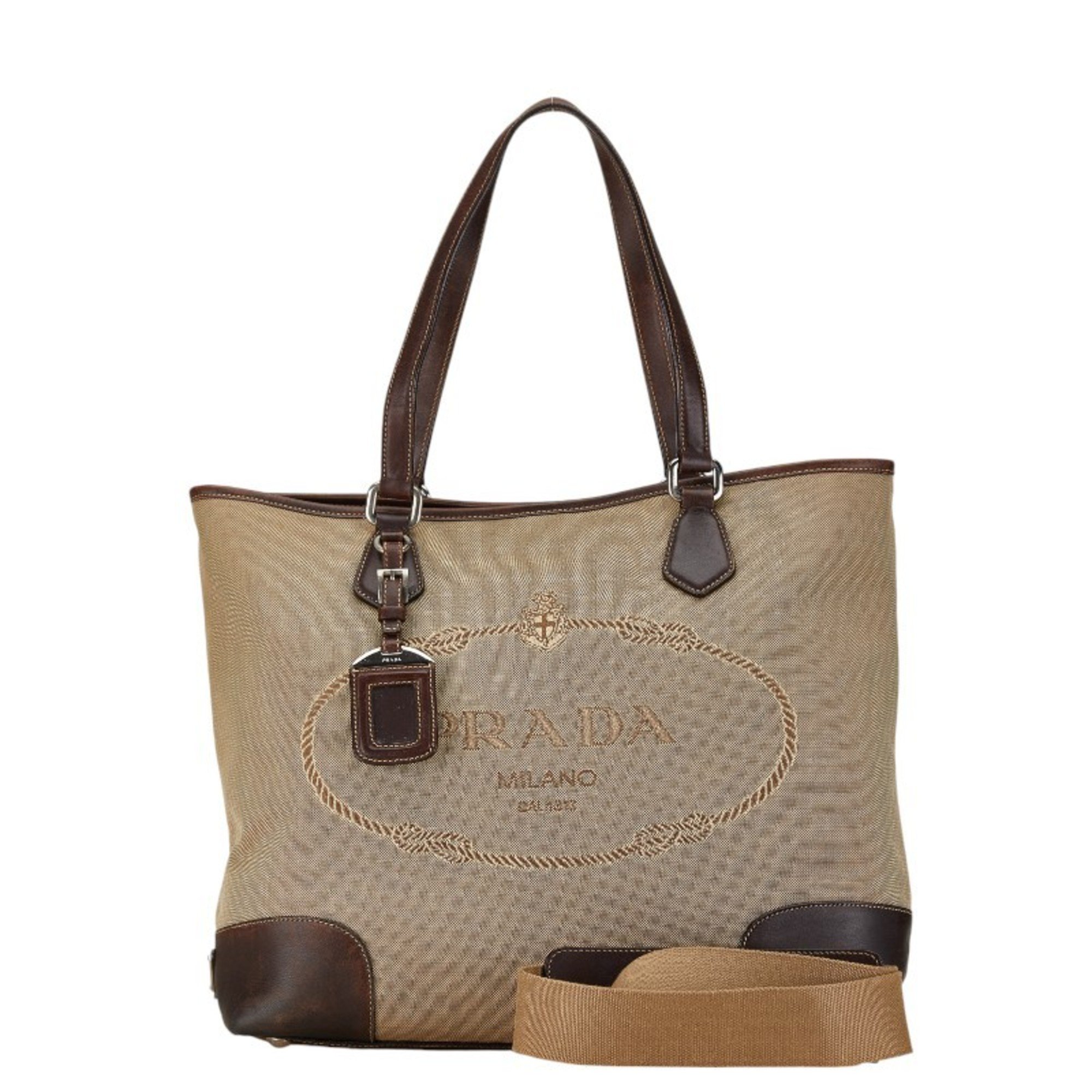 Prada Jacquard Tote Bag Shoulder Brown Canvas Leather Women's PRADA