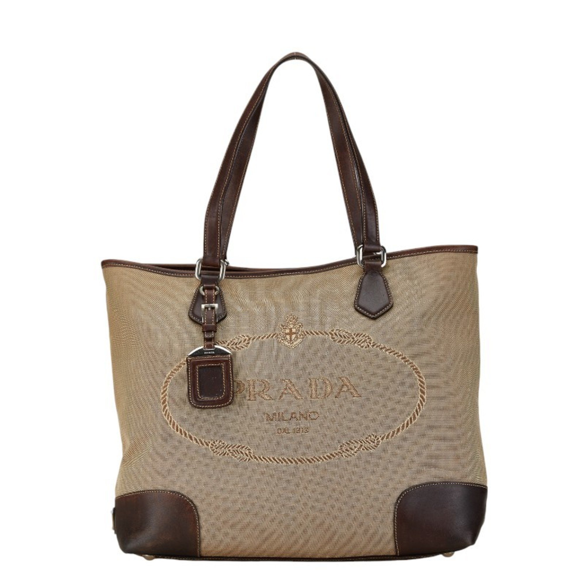 Prada Jacquard Tote Bag Shoulder Brown Canvas Leather Women's PRADA