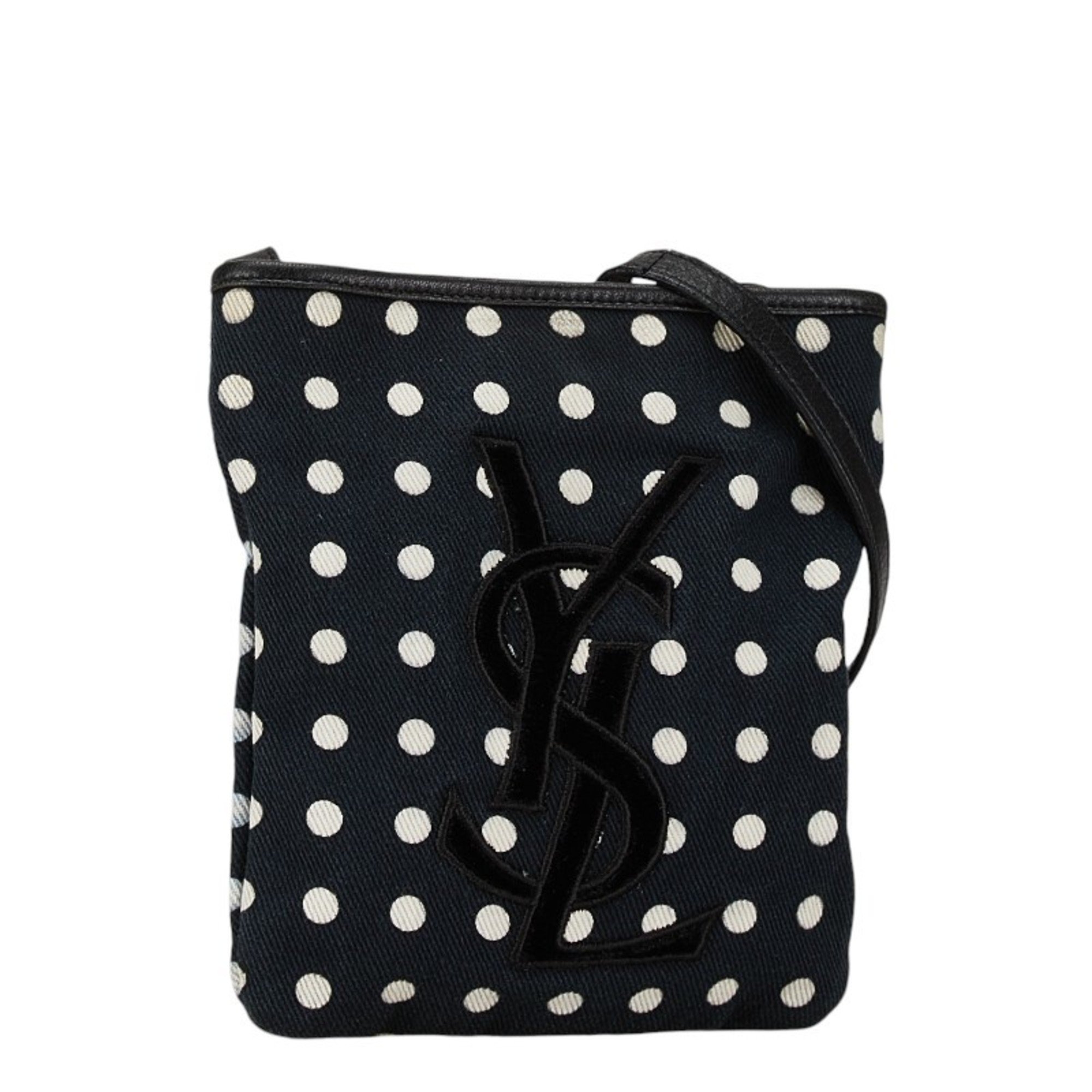 Saint Laurent Dot Polka Shoulder Bag Black White Canvas Leather Women's SAINT LAURENT