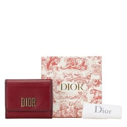 Christian Dior Dior D-FENCE LOTUS Tri-fold Wallet Compact Wine Red Leather Women's