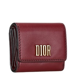 Christian Dior Dior D-FENCE LOTUS Tri-fold Wallet Compact Wine Red Leather Women's