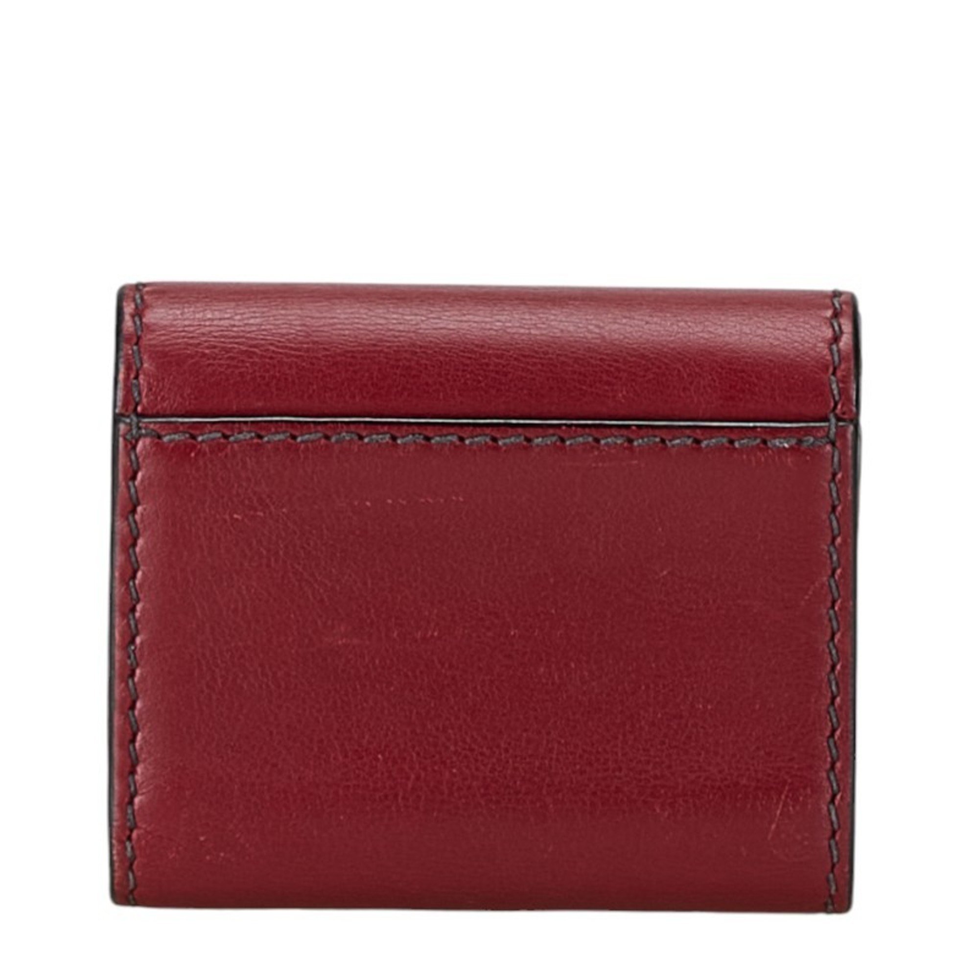 Christian Dior Dior D-FENCE LOTUS Tri-fold Wallet Compact Wine Red Leather Women's