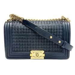 CHANEL Chanel Boy knitted chain shoulder navy leather bag ladies 25 series LEBOY black