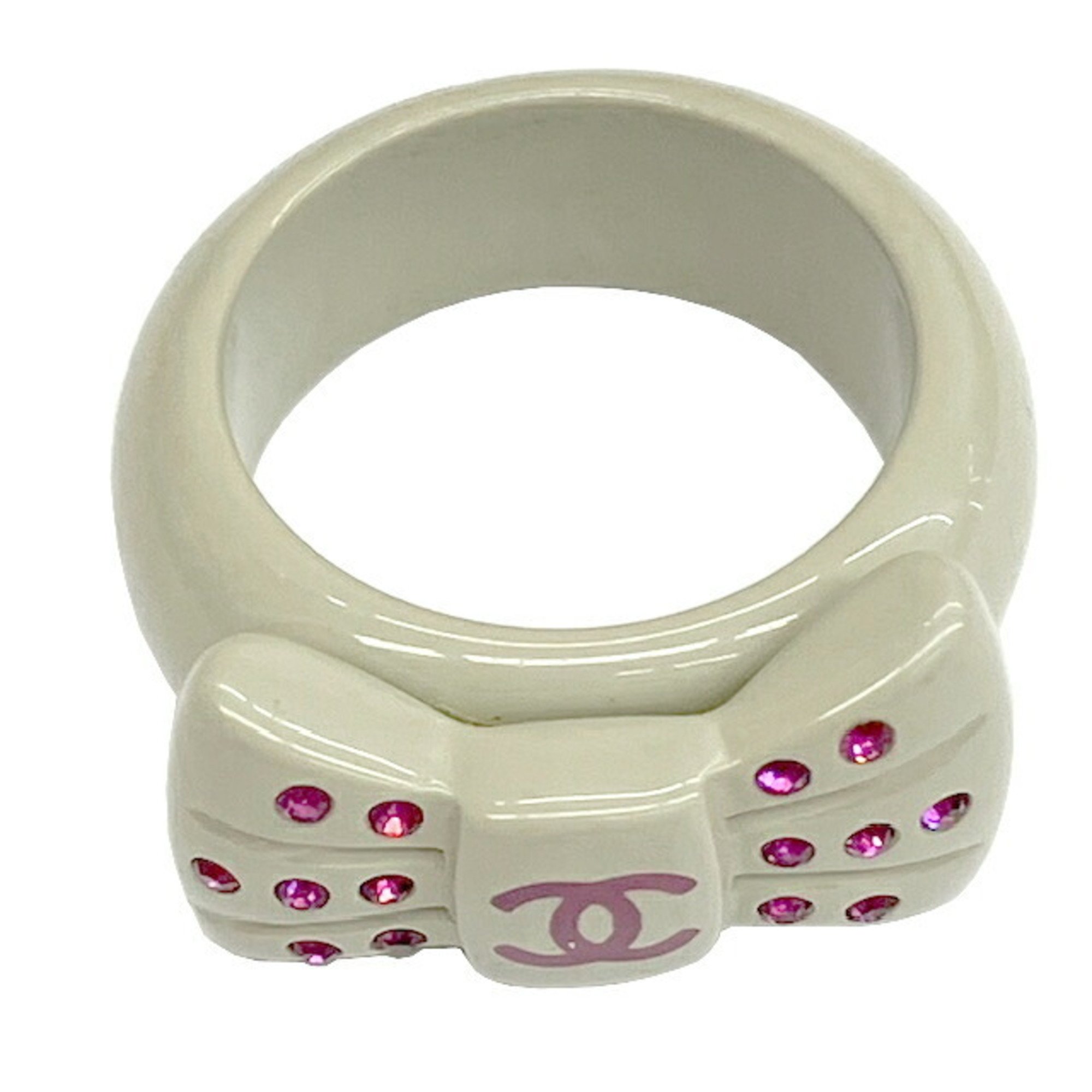 CHANEL Ring Ribbon Grey 02P Rhinestone Ladies