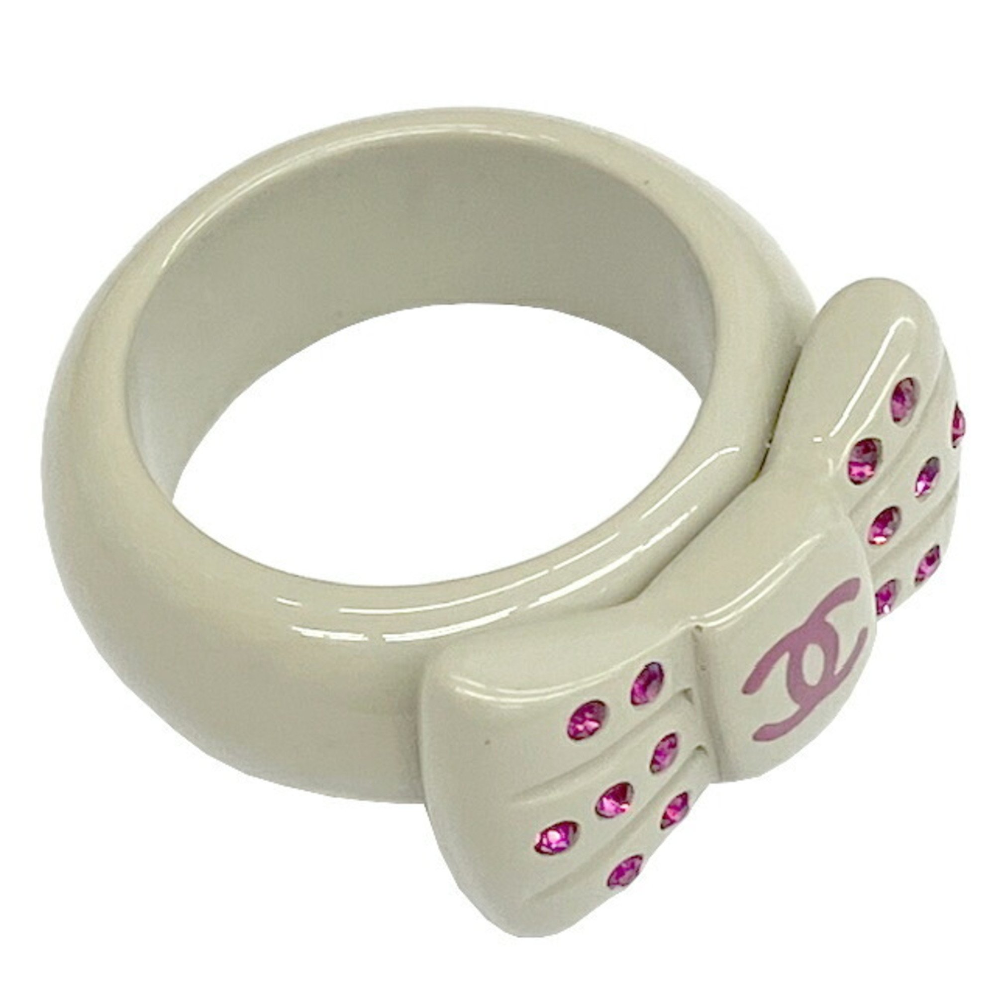 CHANEL Ring Ribbon Grey 02P Rhinestone Ladies