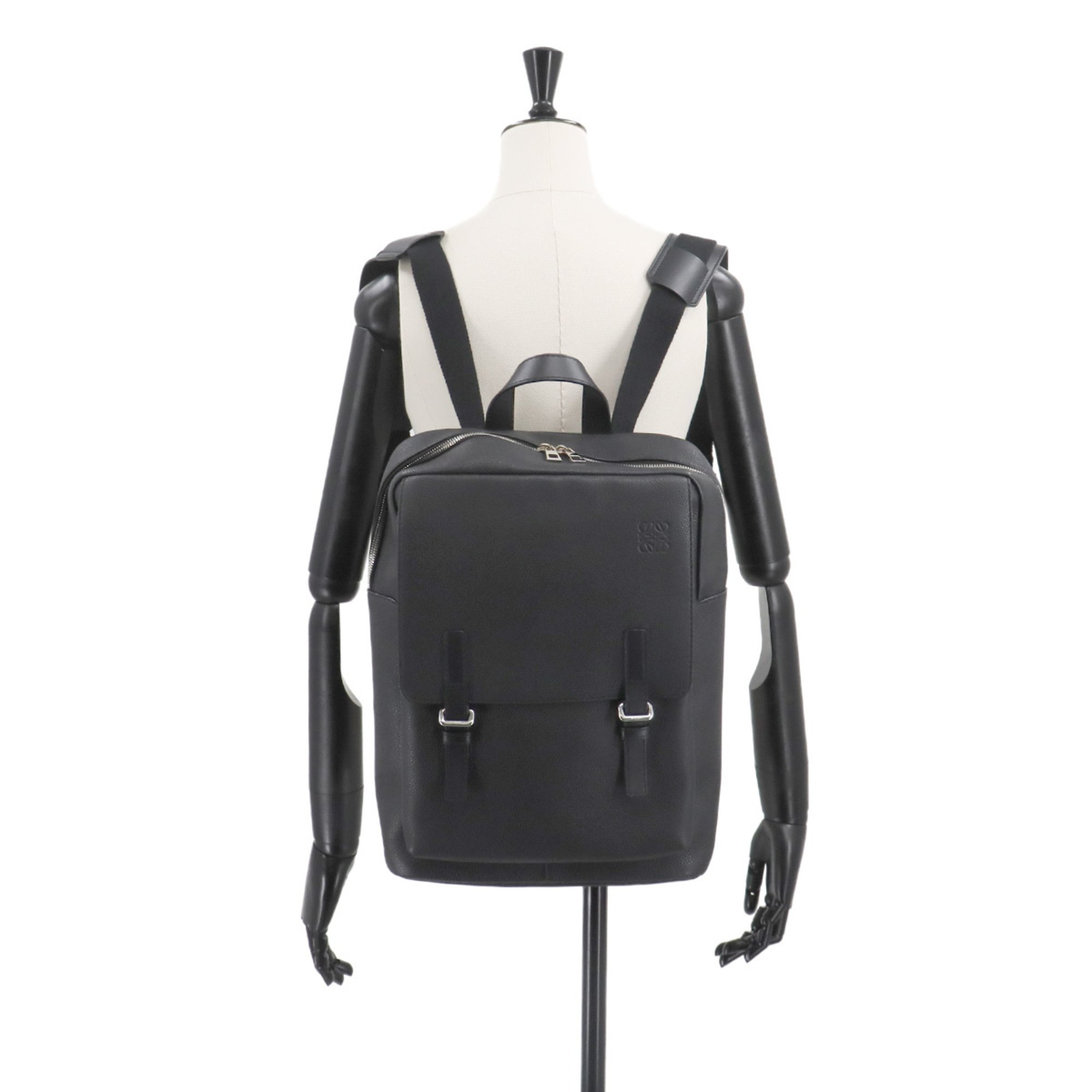 LOEWE Military Backpack Leather Black B553J18X01 Silver Hardware