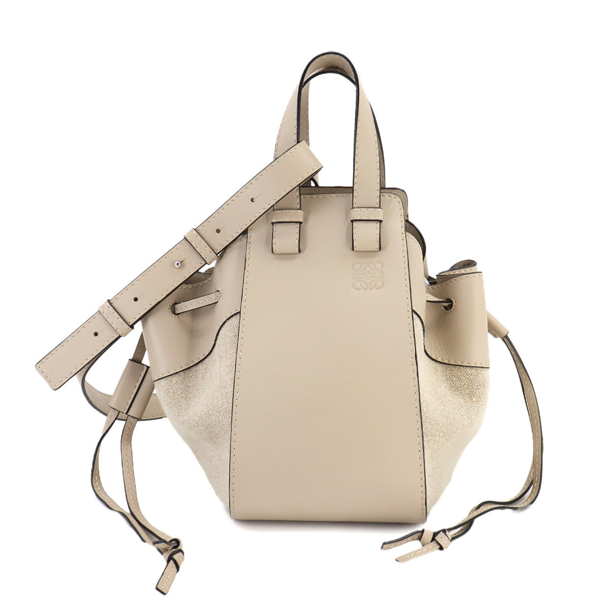 LOEWE Hammock Drawstring Small 2way Hand Shoulder Bag Leather Canvas Beige 314.39.Z95 Silver Hardware