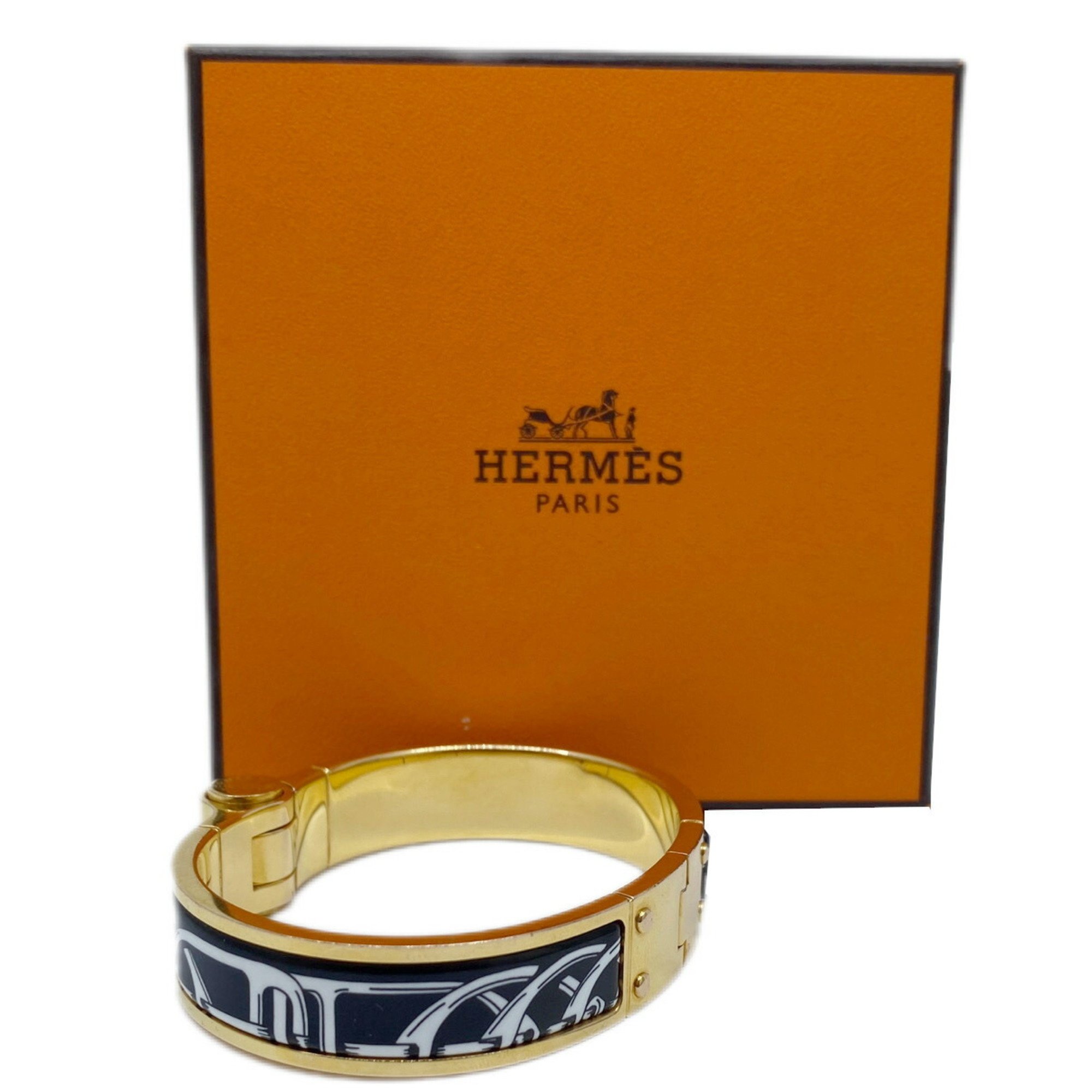 HERMES Shiniere Bangle PM Bracelet Black White Women's