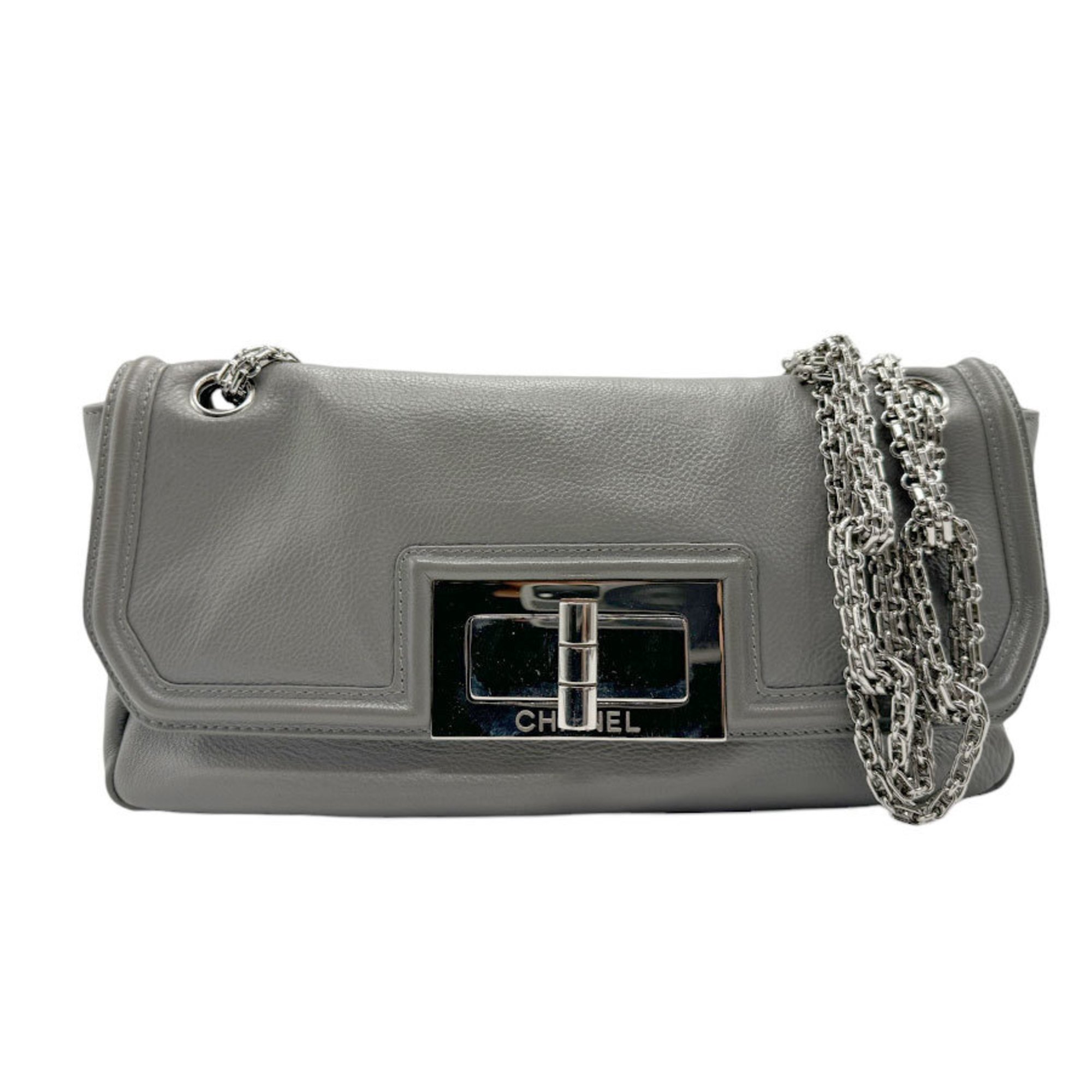 CHANEL Shoulder Bag 2.55 Leather Grey Women's n0399