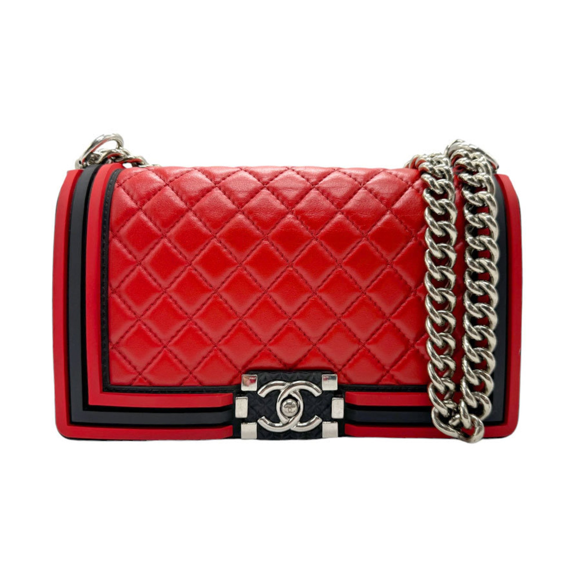 CHANEL Shoulder Bag Boy Chanel Leather Rubber Red Black Silver Women's z2414