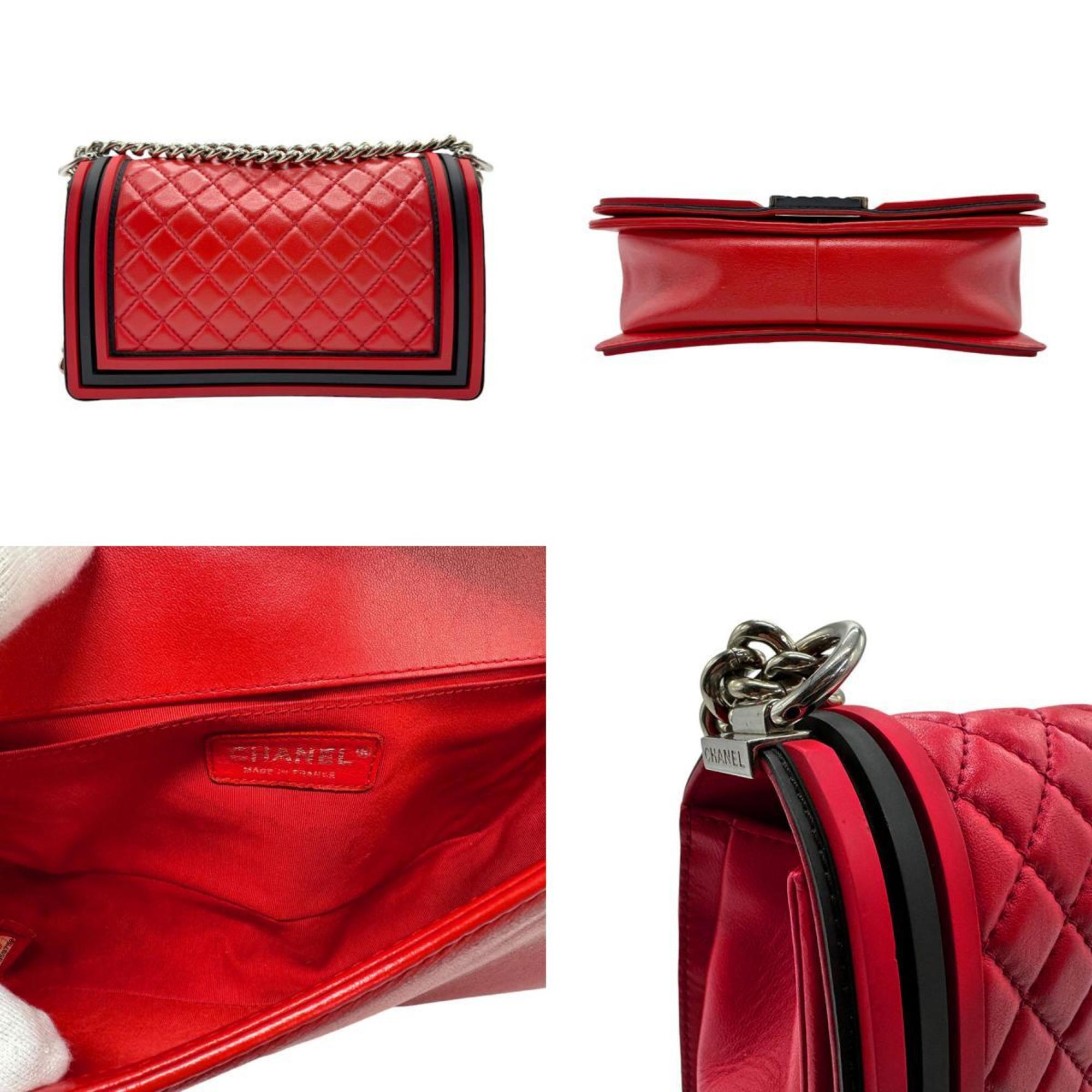 CHANEL Shoulder Bag Boy Chanel Leather Rubber Red Black Silver Women's z2414