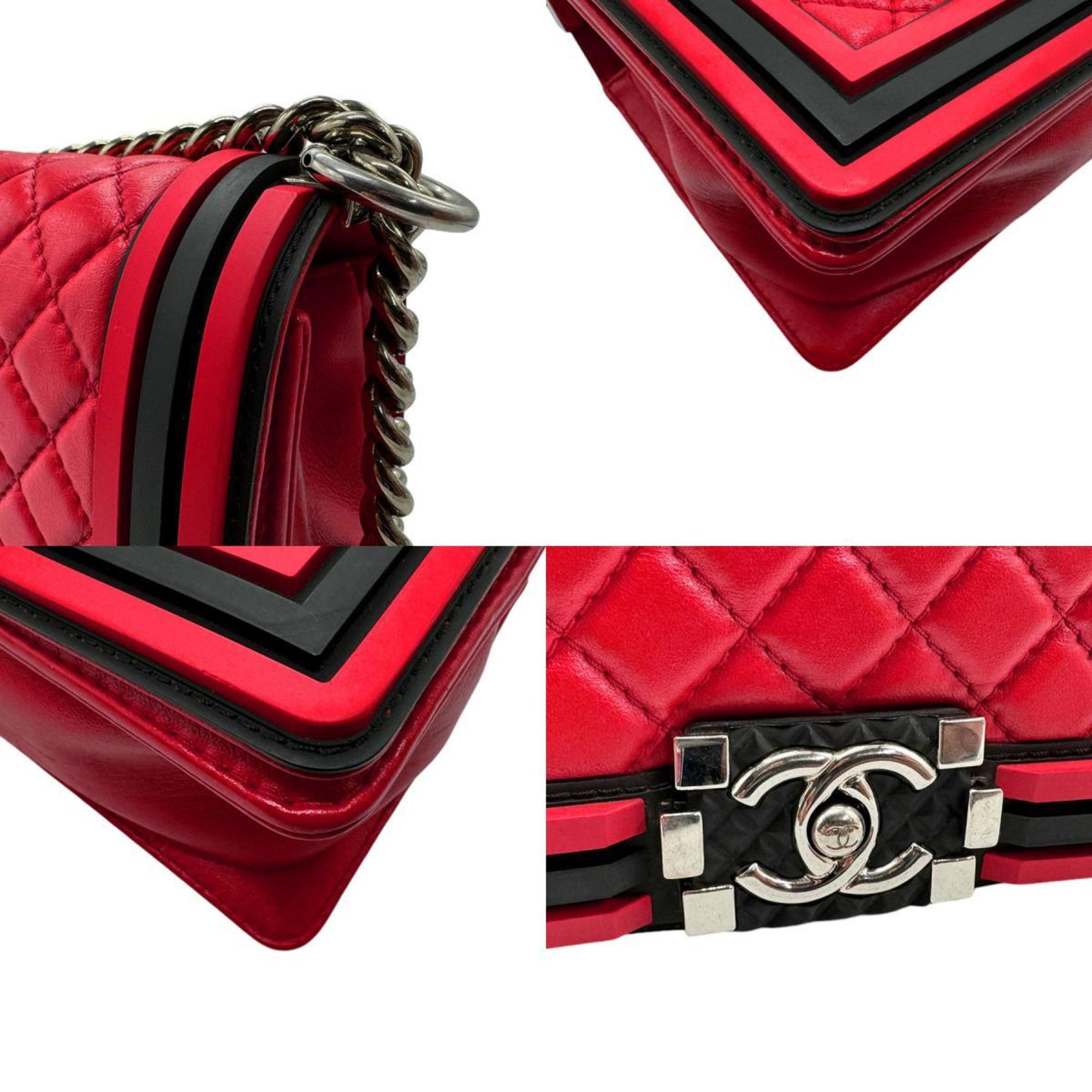 CHANEL Shoulder Bag Boy Chanel Leather Rubber Red Black Silver Women's z2414