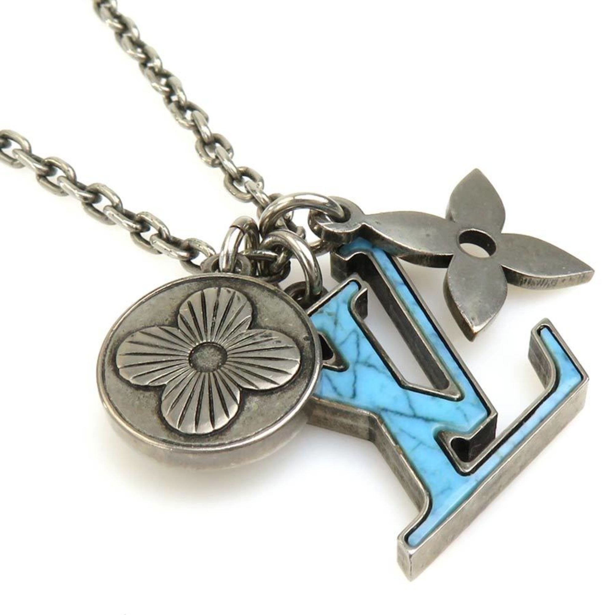 LOUIS VUITTON Necklace Pendant LV Initial Turquoise Metal Silver Blue Women's M68904 e59209i