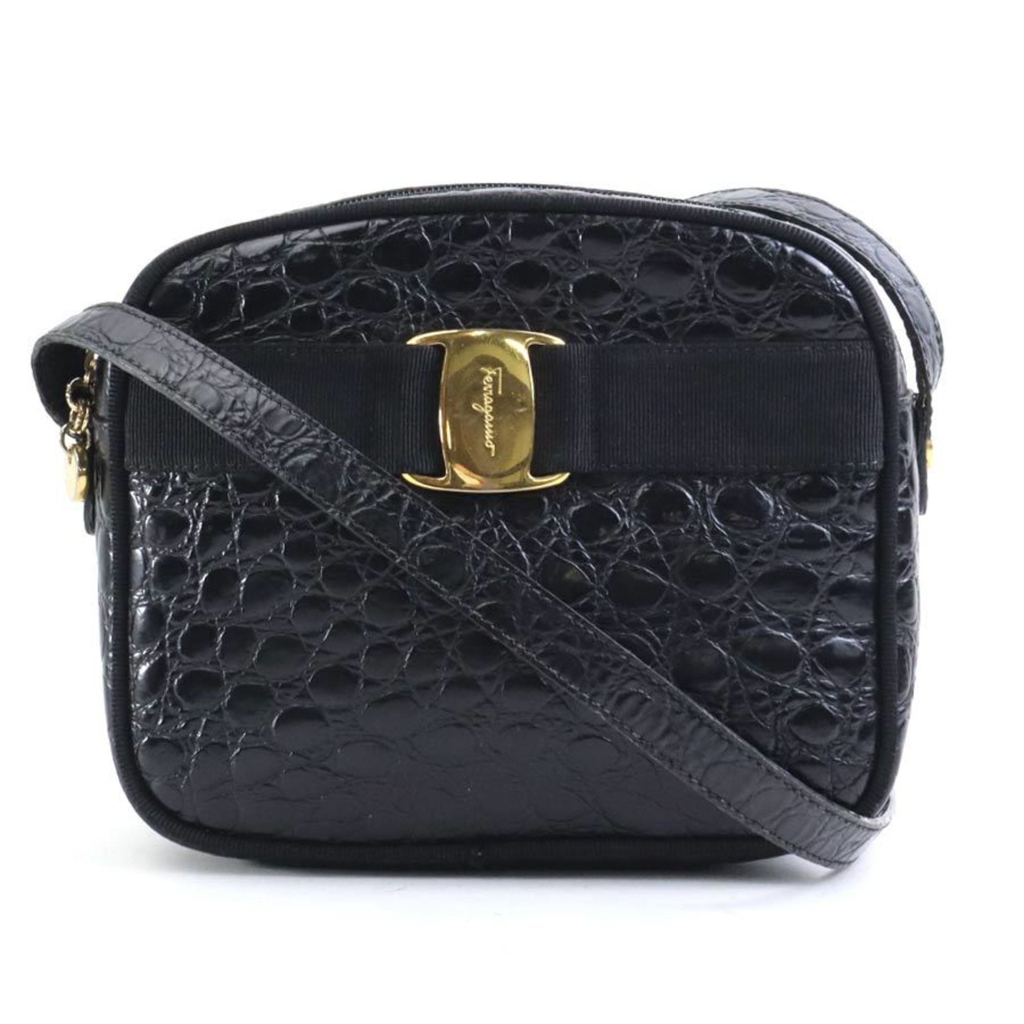 Salvatore Ferragamo Shoulder Bag Vara Embossed Leather Black Gold Women's e59193a