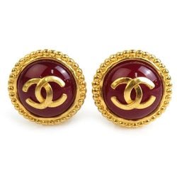 CHANEL Earrings Coco Mark Metal Stone Gold Dark Red Women's e59224f