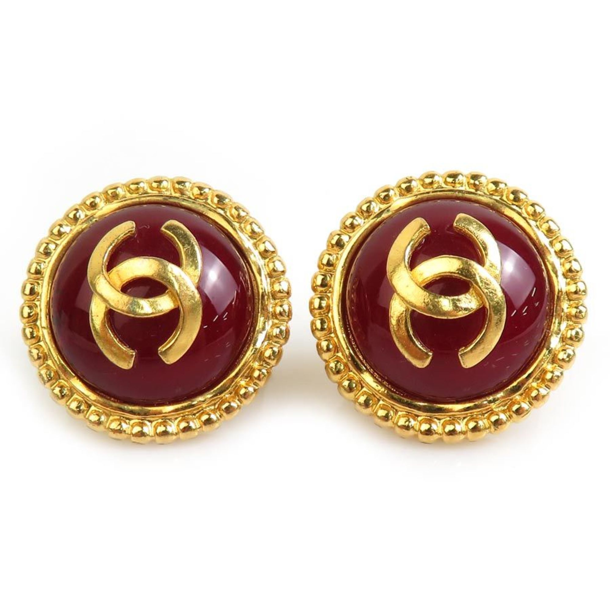 CHANEL Earrings Coco Mark Metal Stone Gold Dark Red Women's e59224f