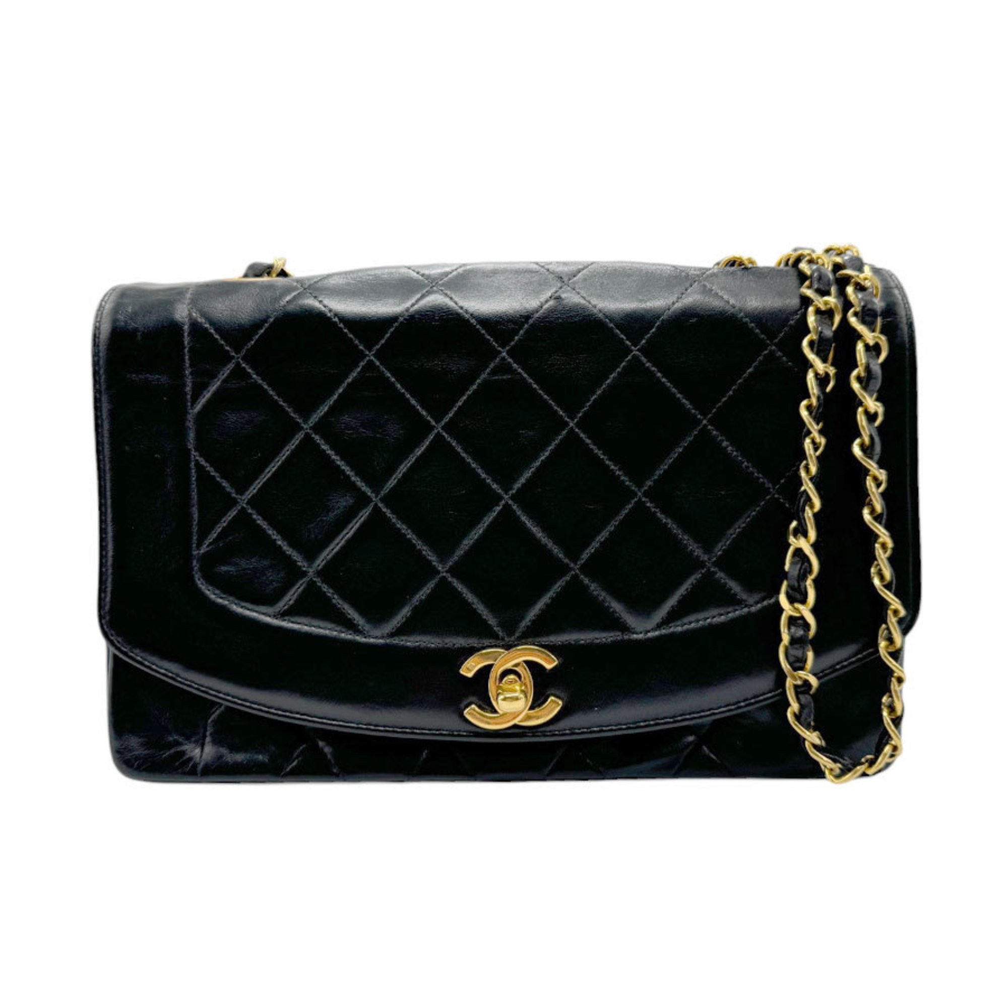 CHANEL Shoulder Bag Diana Matelasse 25 Lambskin Black Gold Women's z2411