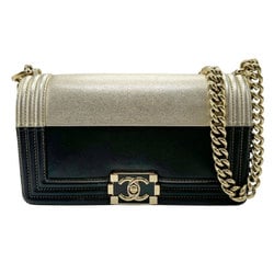 CHANEL Shoulder Bag Boy Chanel Leather Gold Black Women's z2416