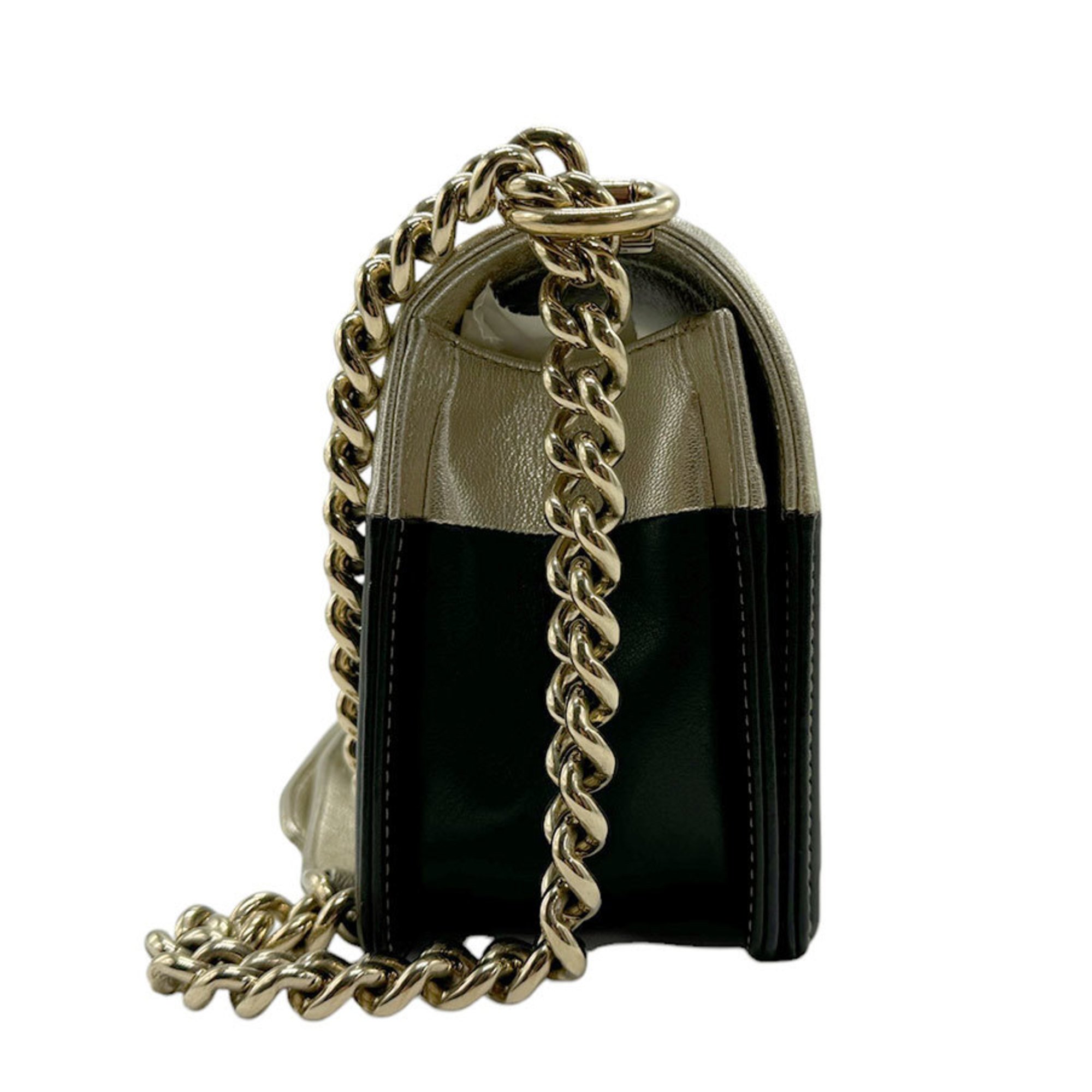 CHANEL Shoulder Bag Boy Chanel Leather Gold Black Women's z2416