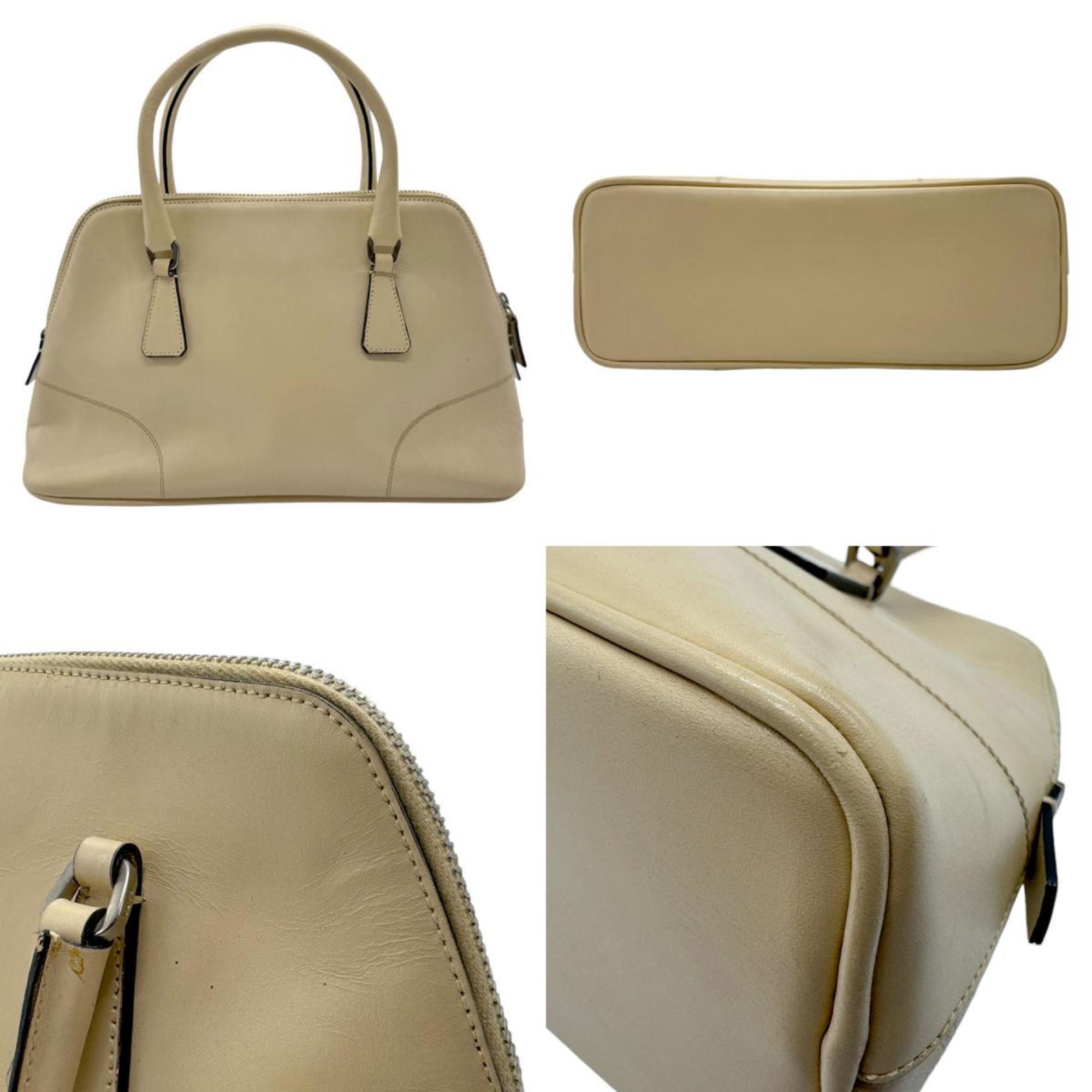 PRADA handbag leather light beige silver women's z2424