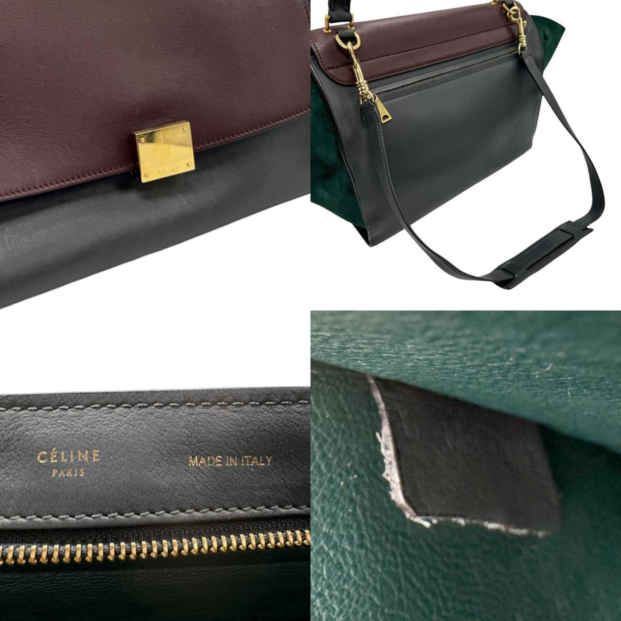 CELINE Handbag Shoulder Bag Trapeze Leather Suede Burgundy Gray Green Gold Women's z2480