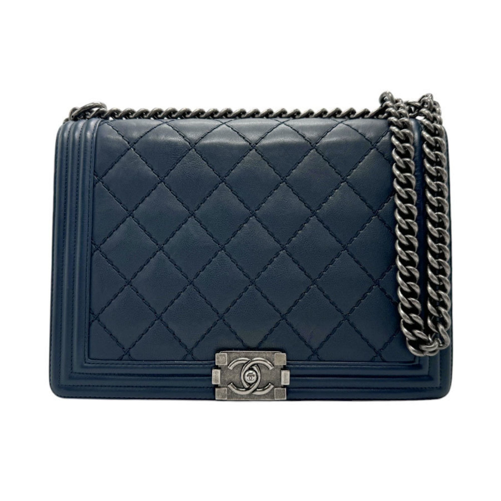 CHANEL Shoulder Bag Boy Chanel Leather Navy Gunmetal Women's z2482