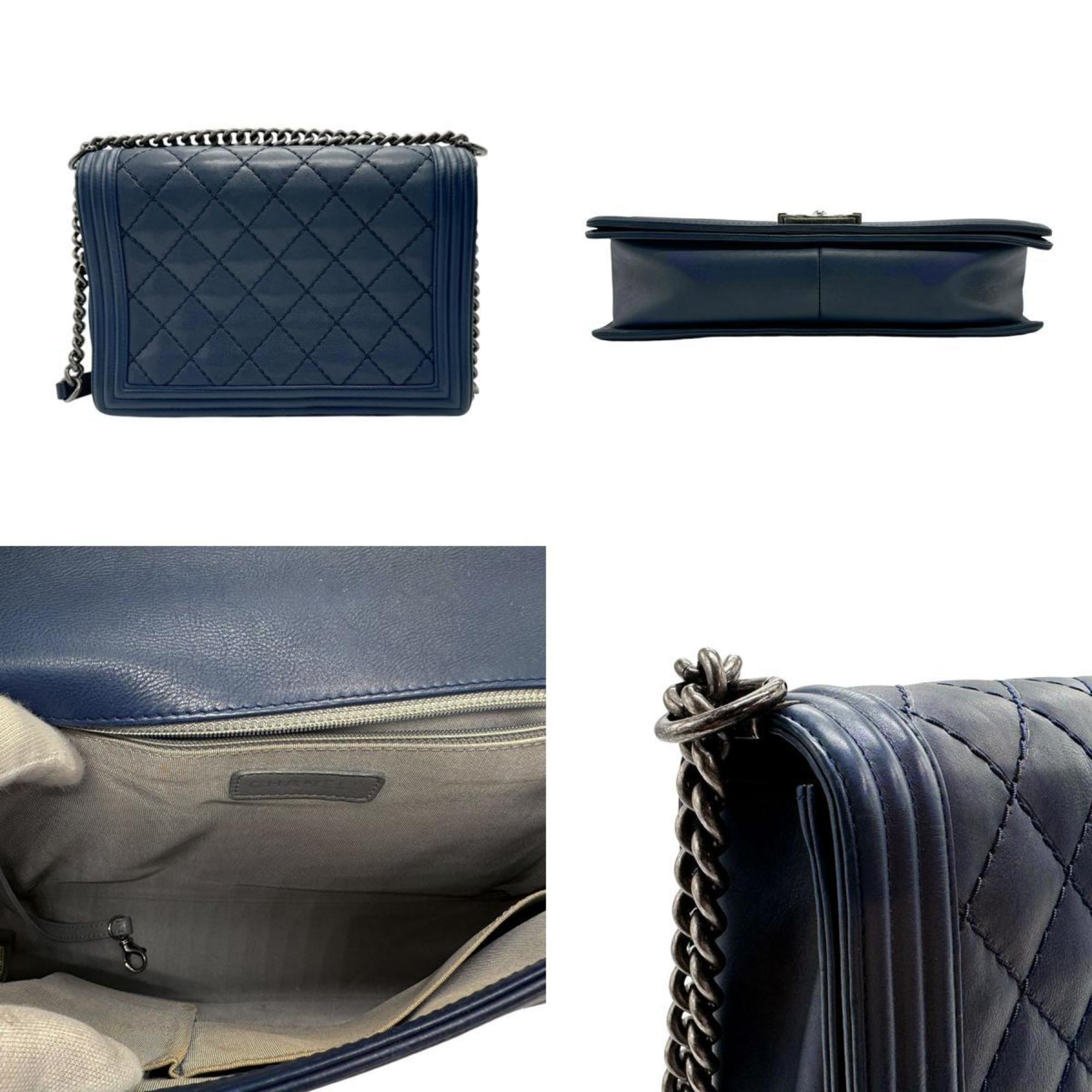 CHANEL Shoulder Bag Boy Chanel Leather Navy Gunmetal Women's z2482