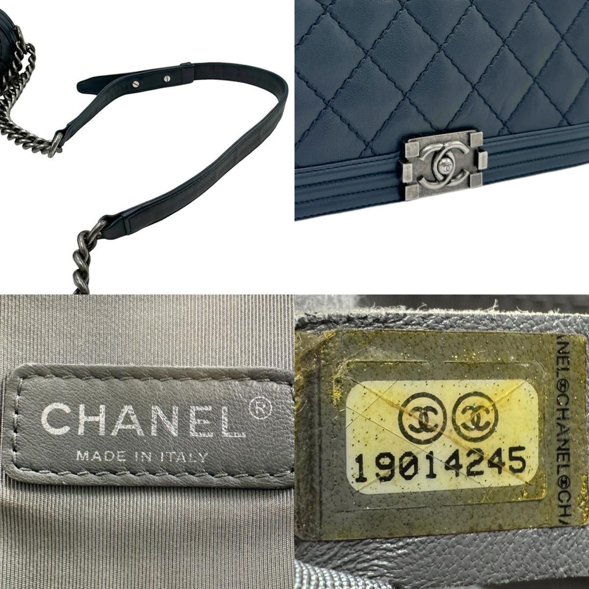 CHANEL Shoulder Bag Boy Chanel Leather Navy Gunmetal Women's z2482