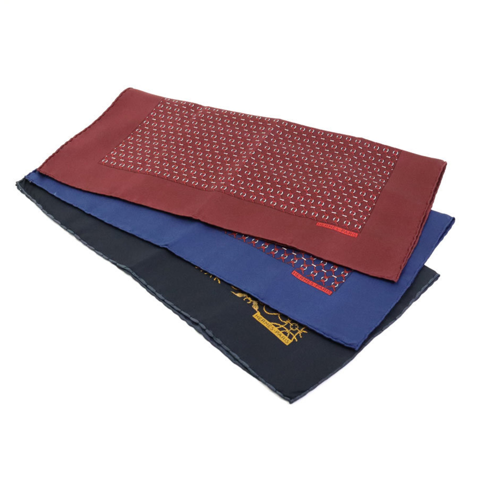 Hermes HERMES handkerchief set of 3, silk, burgundy, navy, black, men's and women's a0490