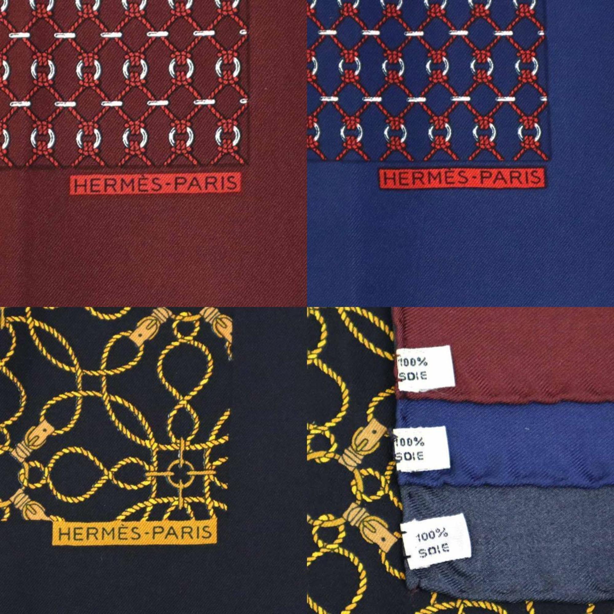 Hermes HERMES handkerchief set of 3, silk, burgundy, navy, black, men's and women's a0490