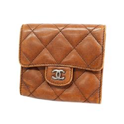 Chanel Tri-fold Wallet Matelasse Lambskin Brown Women's