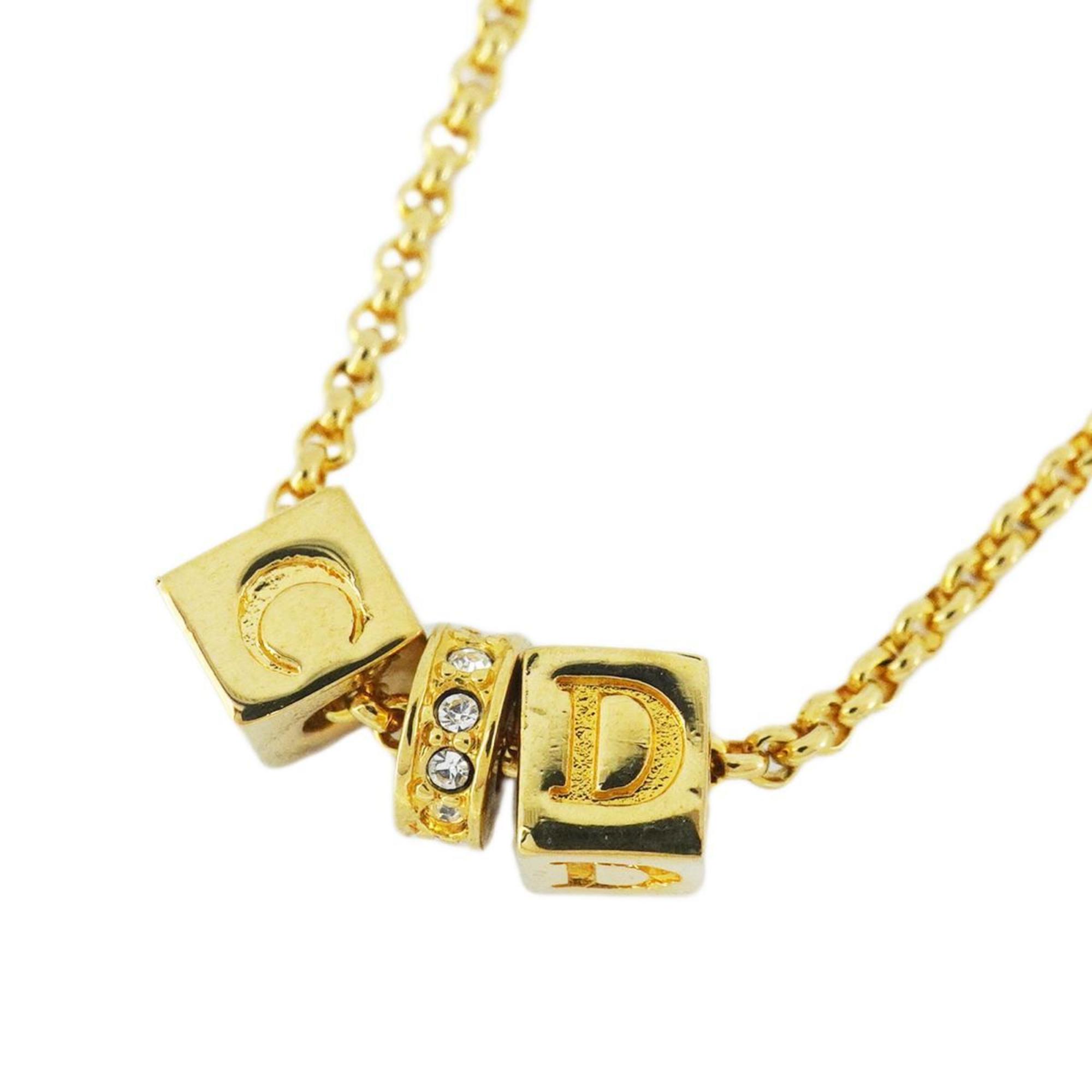 Christian Dior Necklace CD Cube Rhinestone GP Plated Gold Women's