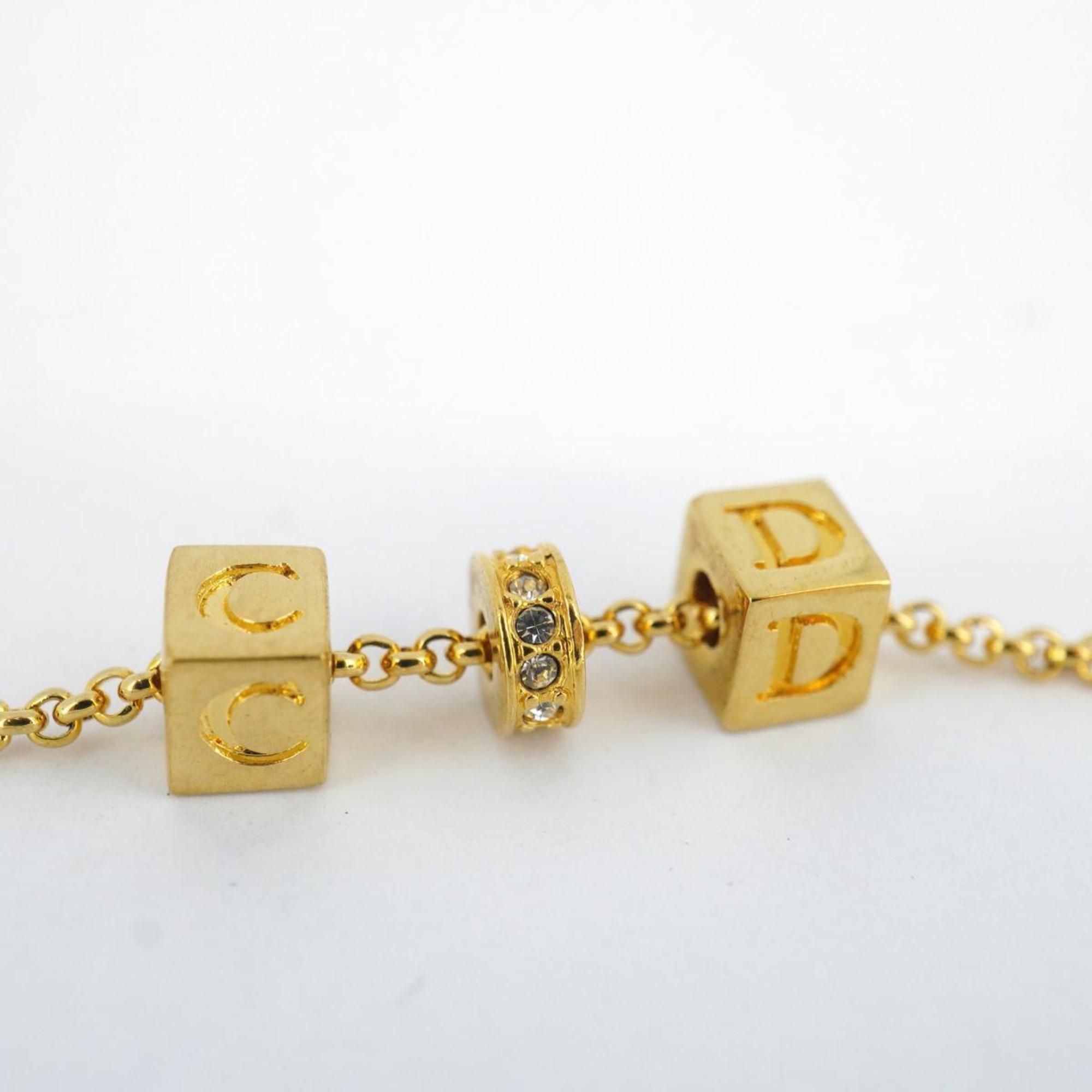 Christian Dior Necklace CD Cube Rhinestone GP Plated Gold Women's