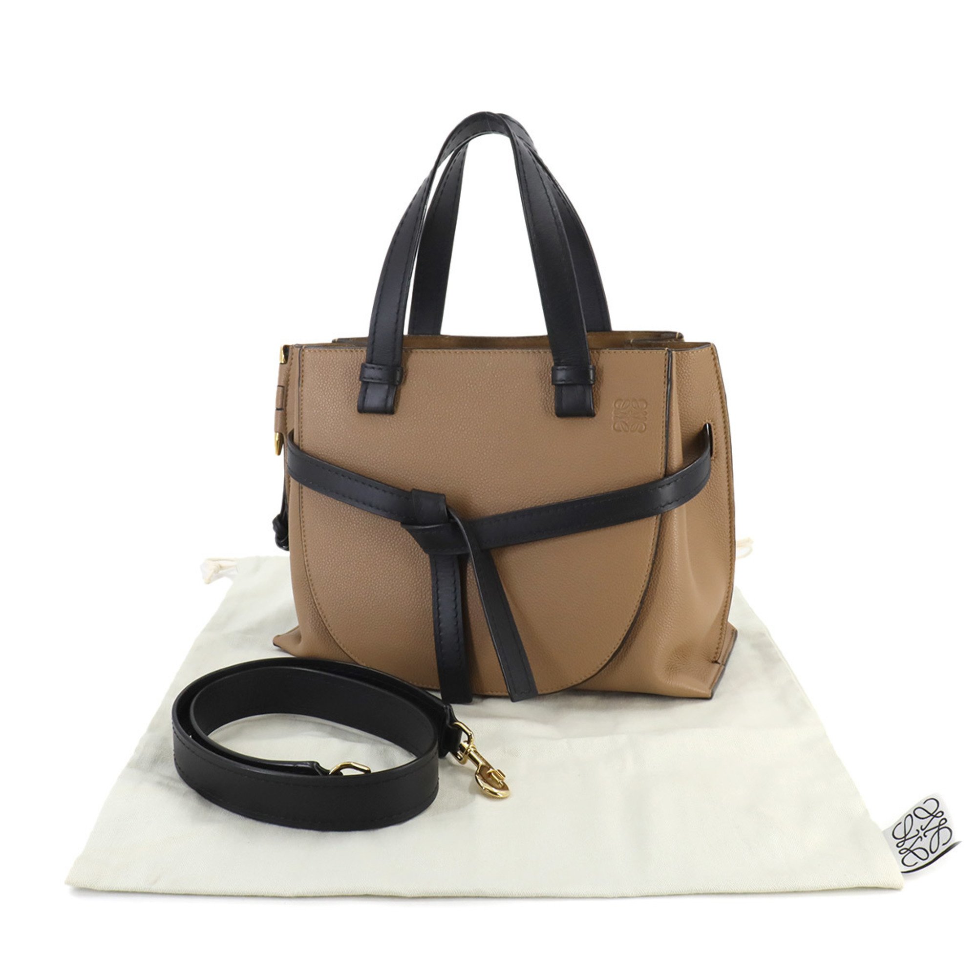 LOEWE Gate Small 2way Hand Shoulder Bag Leather Brown Black Gold Hardware 321.12.U61 Top Handle