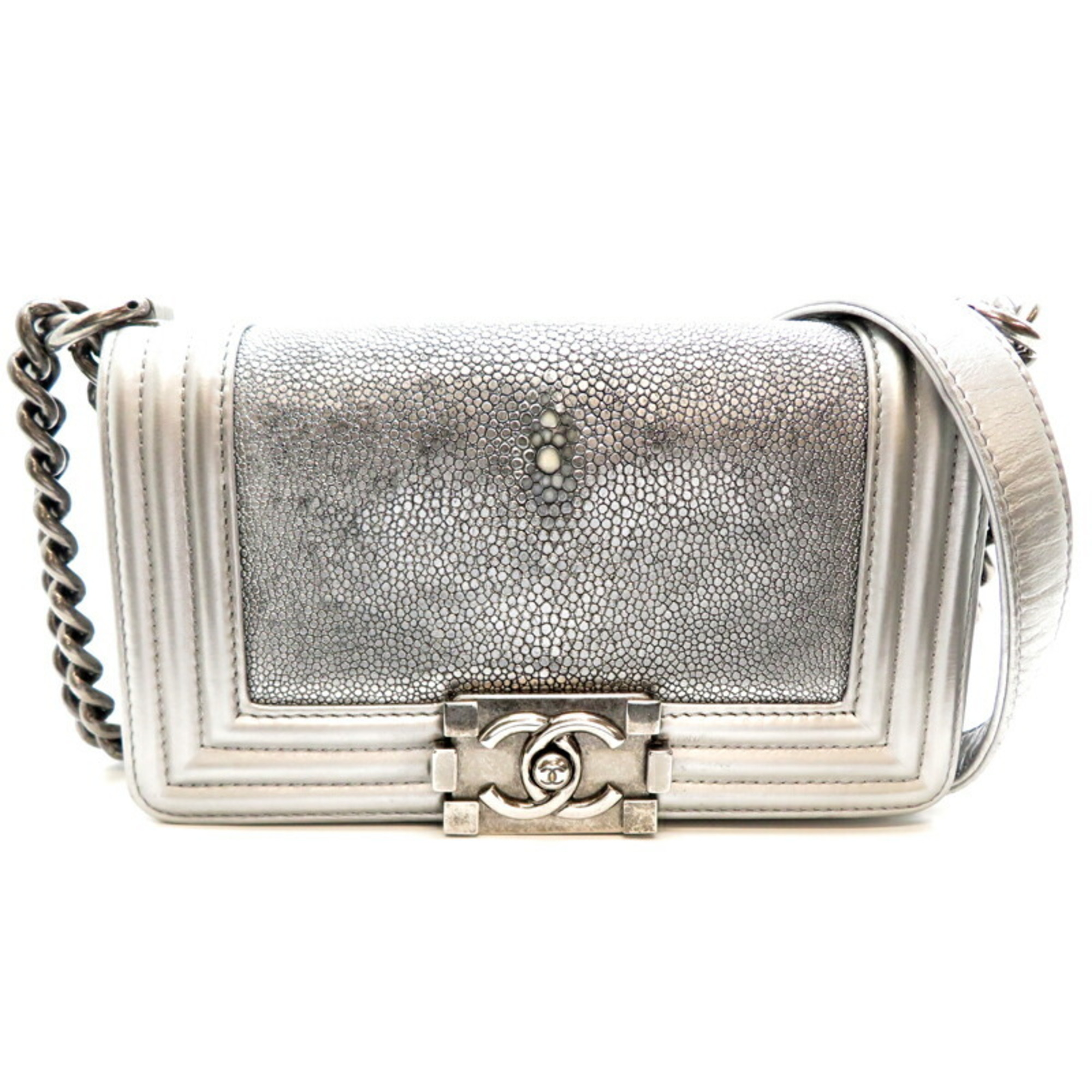 Chanel sticker attached Boy Galuchat chain ladies shoulder bag silver