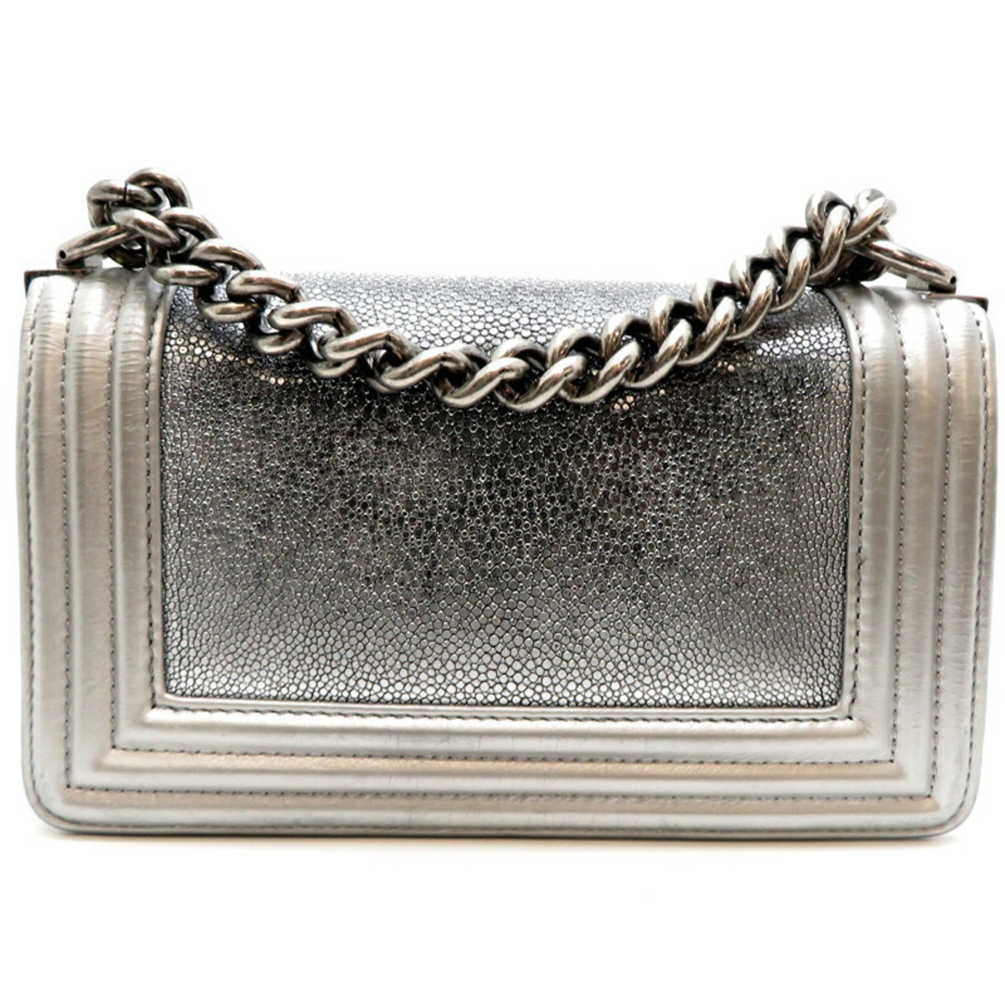 Chanel sticker attached Boy Galuchat chain ladies shoulder bag silver