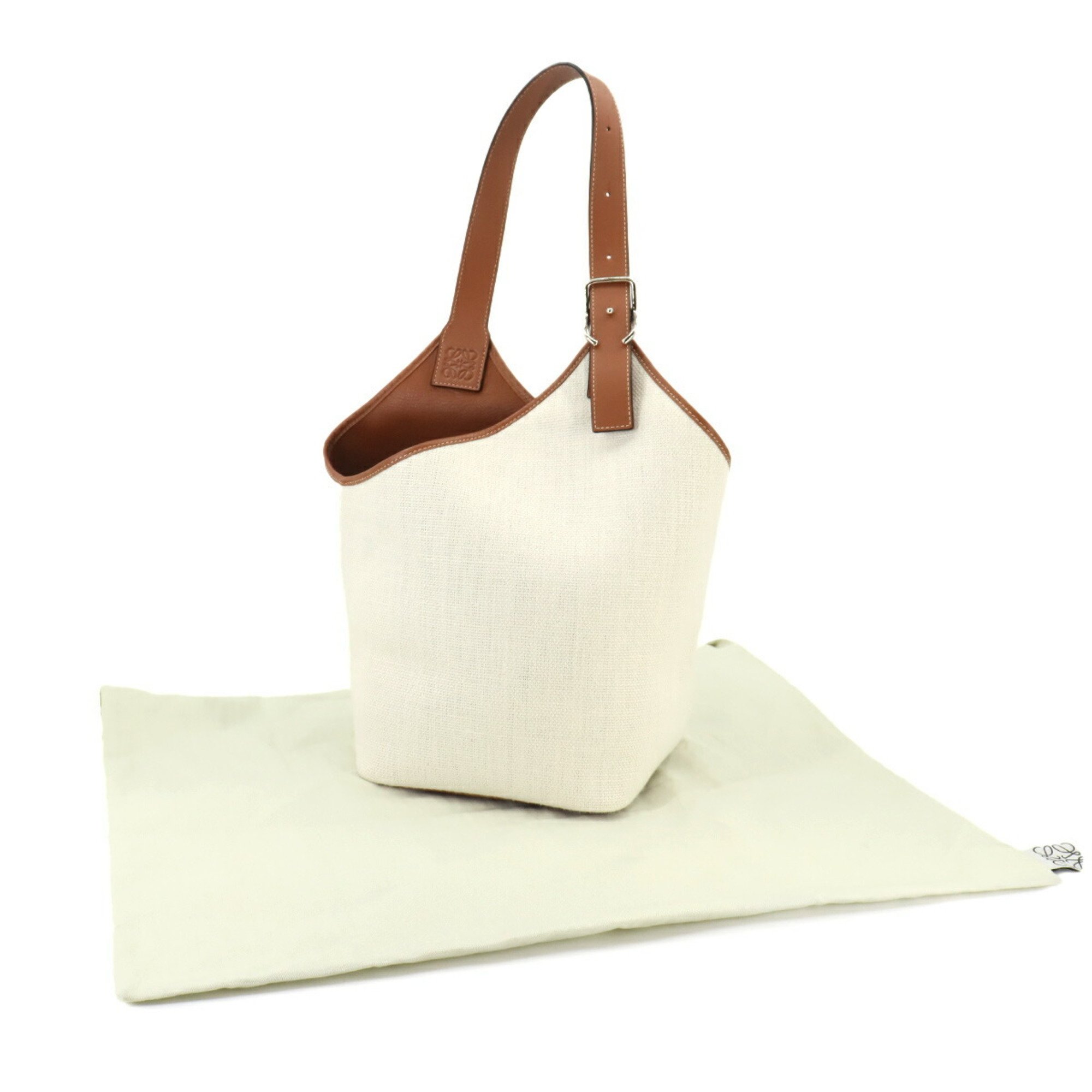 LOEWE Balloon Shoulder Bag Canvas Linen Leather Natural Brown White 329.54.V73